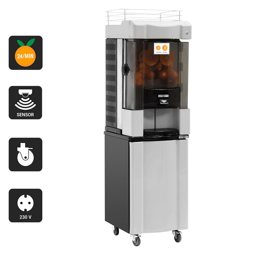 Presse-oranges automatique professionnel - 370W - 100kg - avec dispositif d’alimentation automatique, idéal pour Self‑Service - Gris - avec support