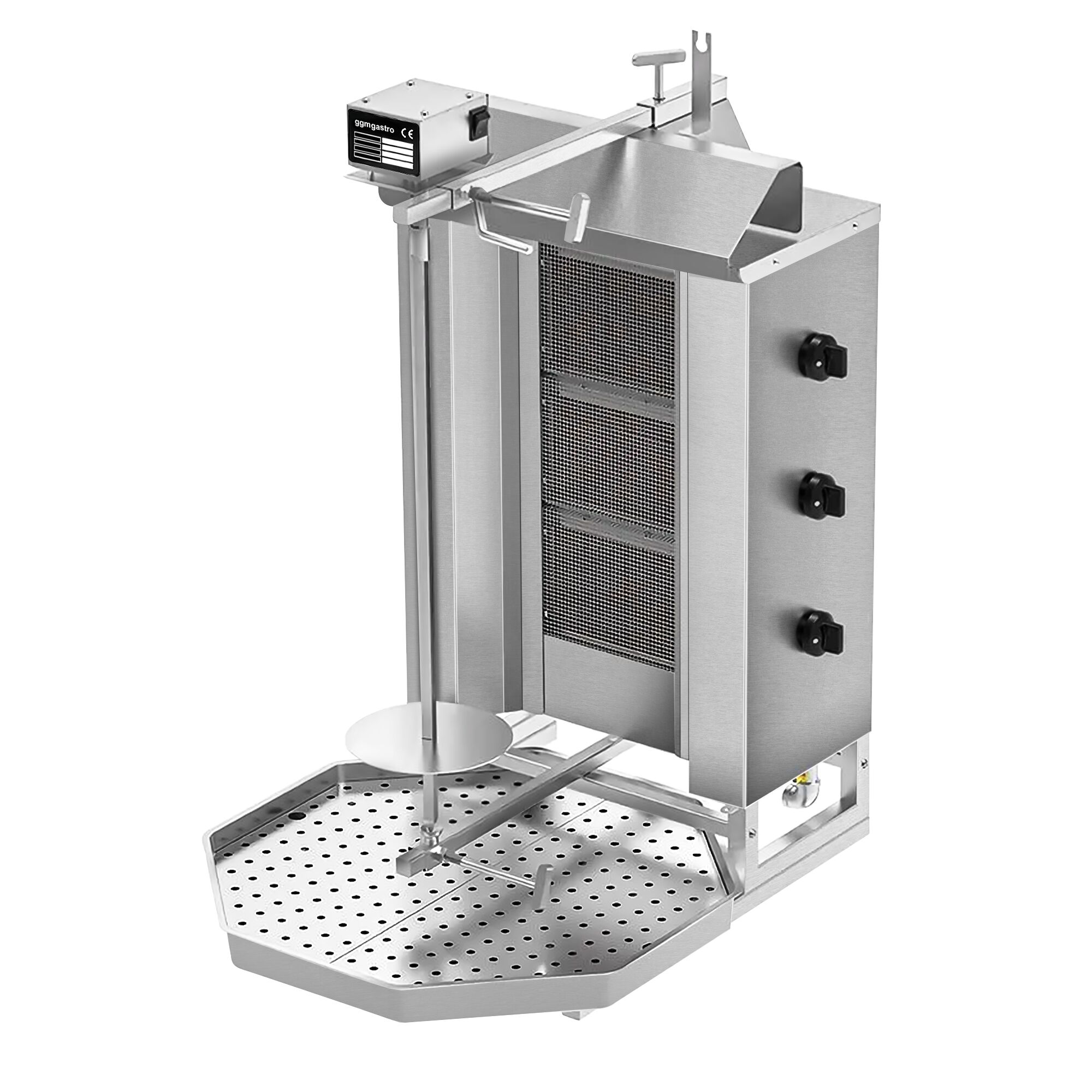 Machine à Kebab / Gril vertical à gaz - 3 brûleurs - pour 40kg de viande - 9.75kW - livré avec 2 pare-graisses, 2 volets, 1 broche, bac à graisse, injecteurs gaz naturel et propane