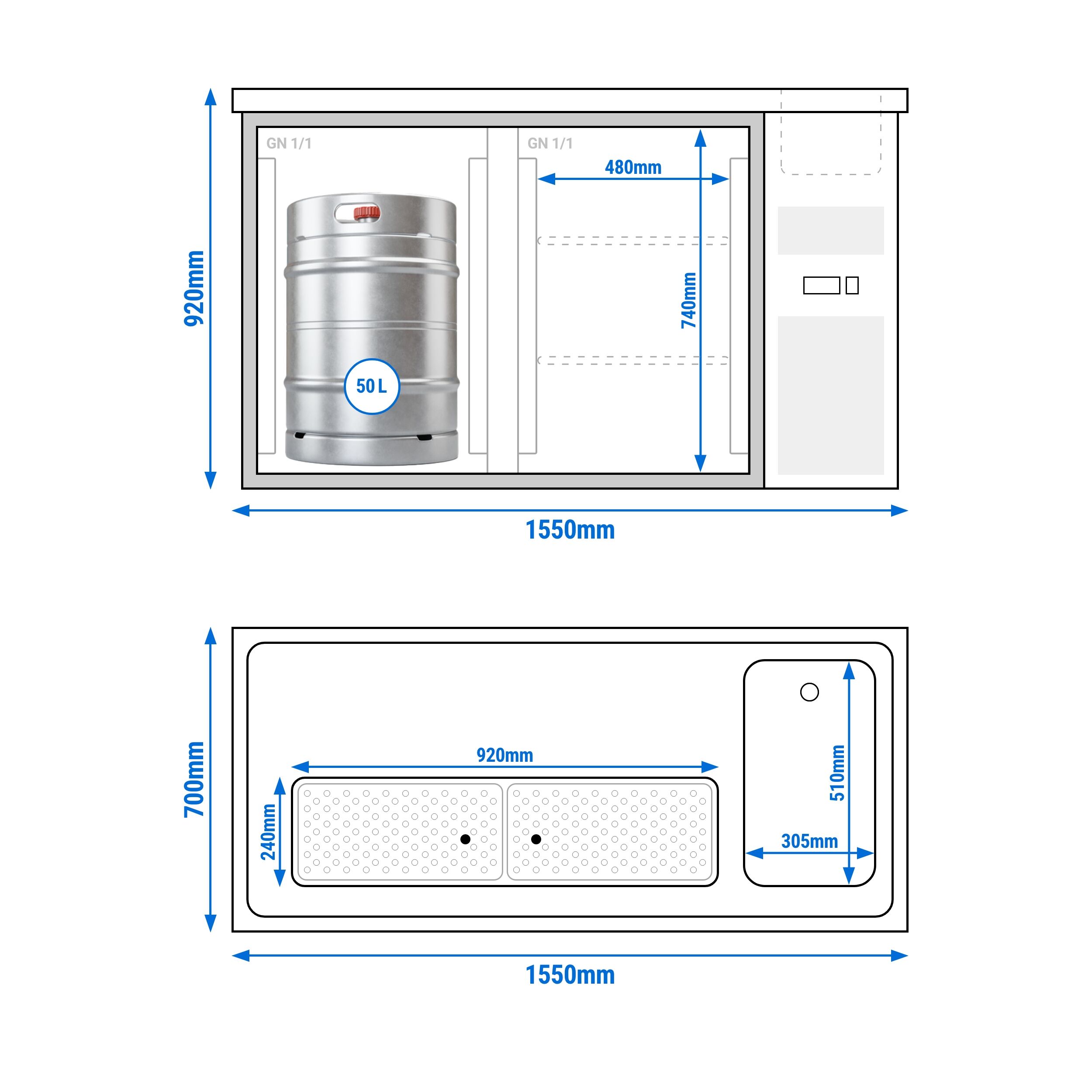 Comptoir de bar réfrigéré Premium PLUS – 1550 × 700 mm – 2 portes vitrées