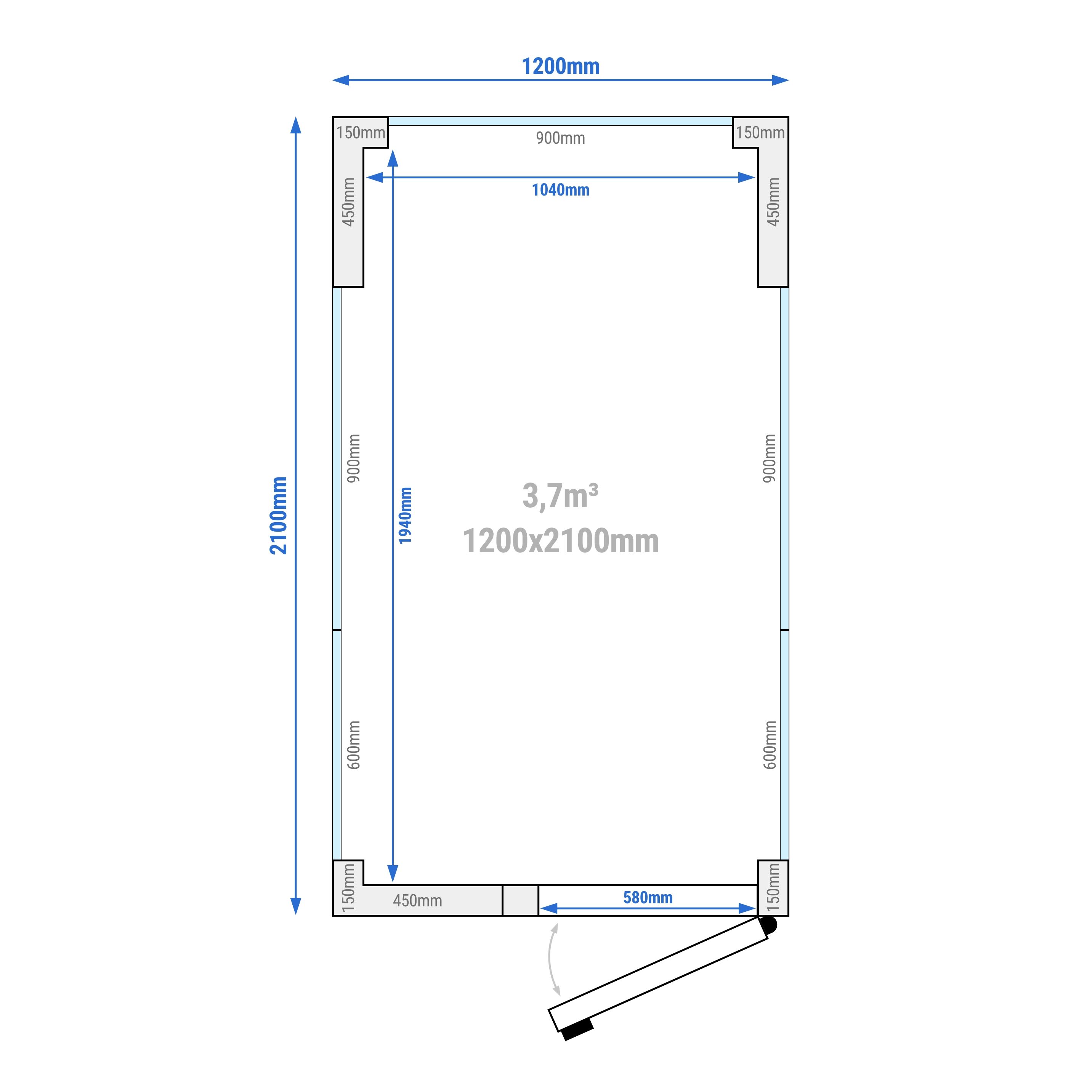 Chambre froide - 1200 x 2100 mm - 3,7 m³ - avec 3 côtés en verre