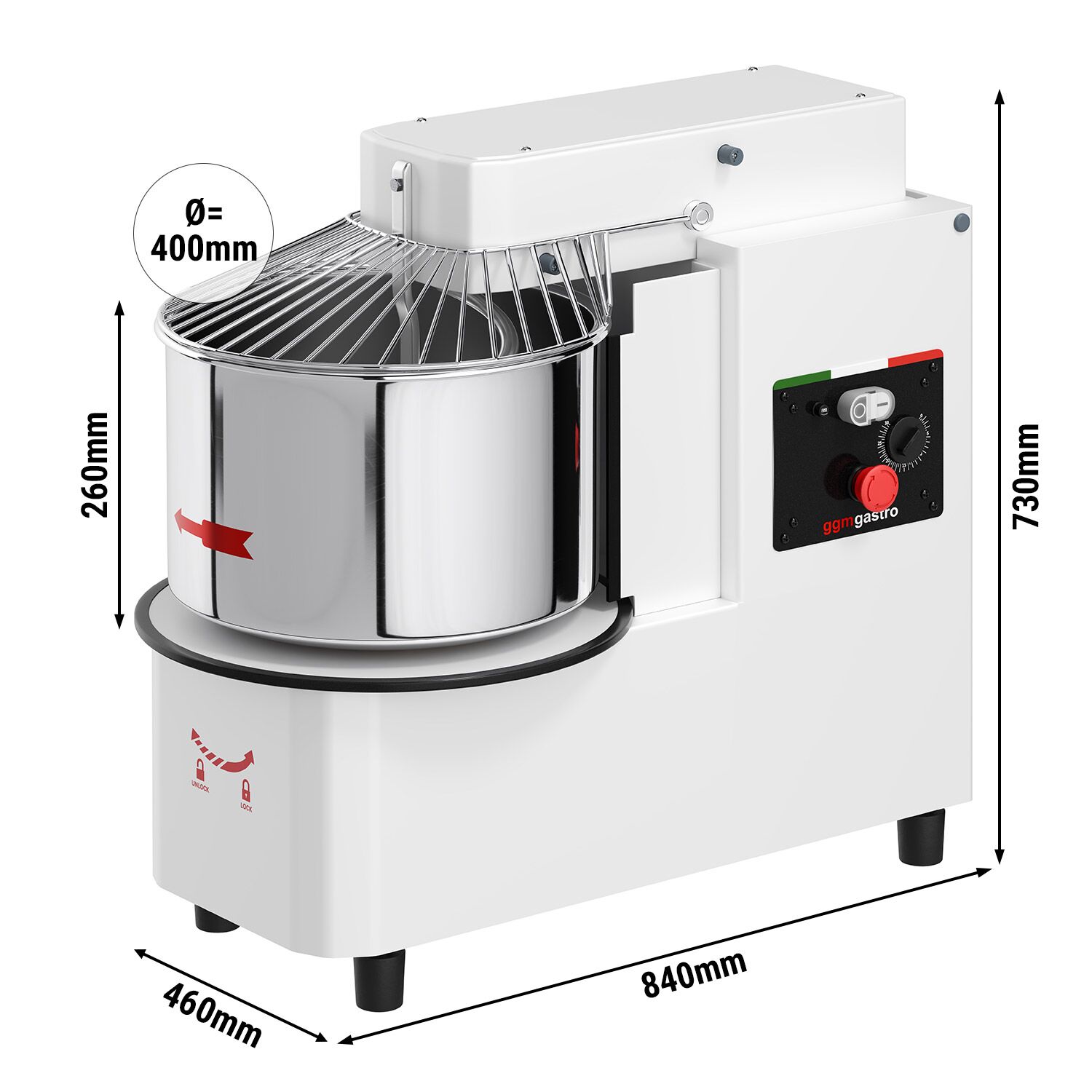 Pétrin à Pâte / Pétrin à spirale - 33 Litres / 25 kg - 1 Vitesse - Cuve Amovible & Tête Relevable - Fonction Minuterie