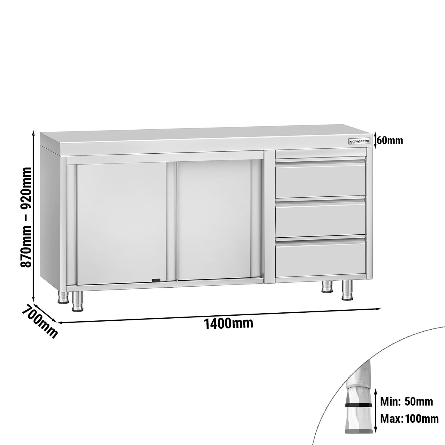 Table armoire en acier inoxydable ECO - 1400x700mm - avec 3 tiroirs à droite et portes coulissantes