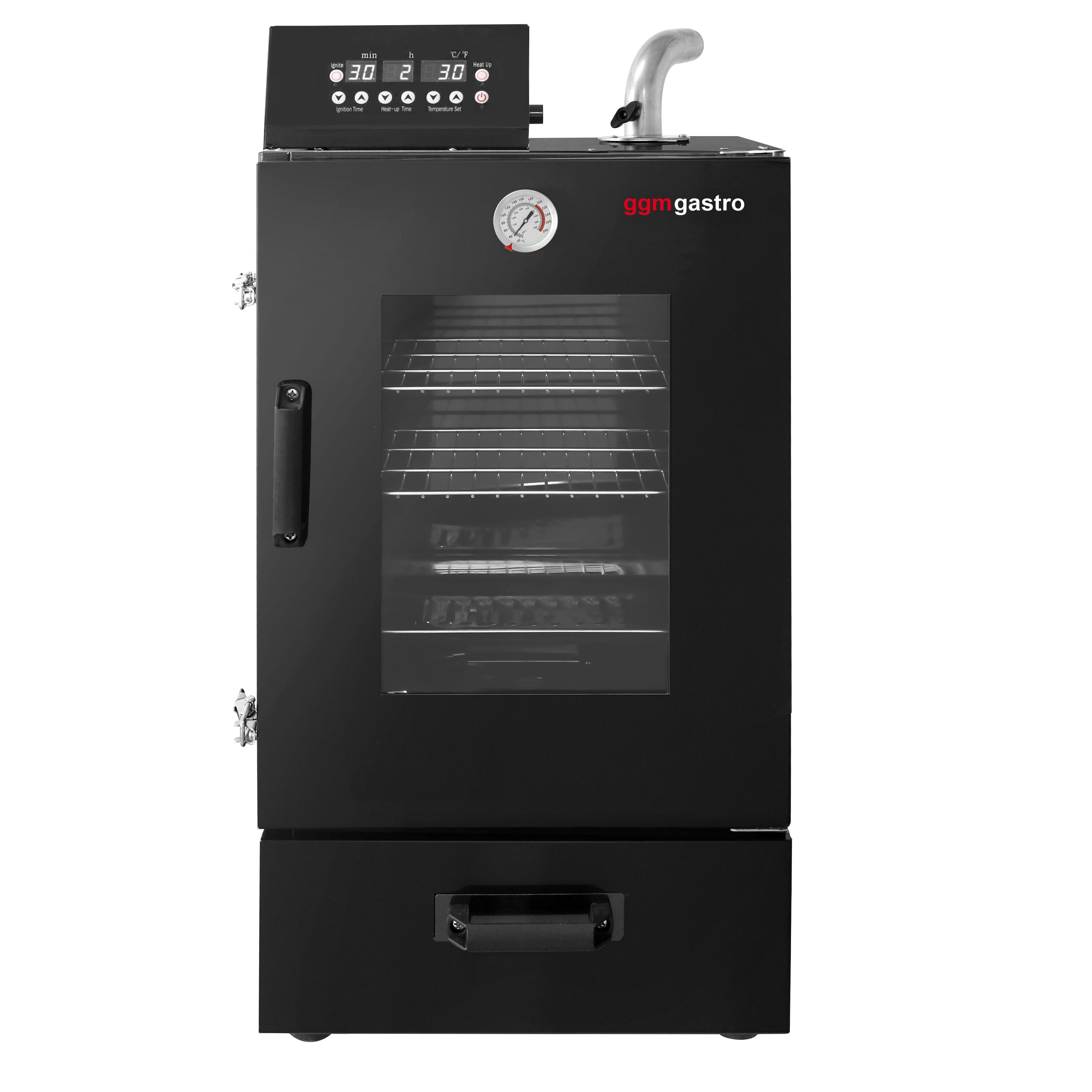 Compact Fumoir électrique professionnel - Commande électronique - 3 étagères et porte vitrée - 475x450mm - Noir