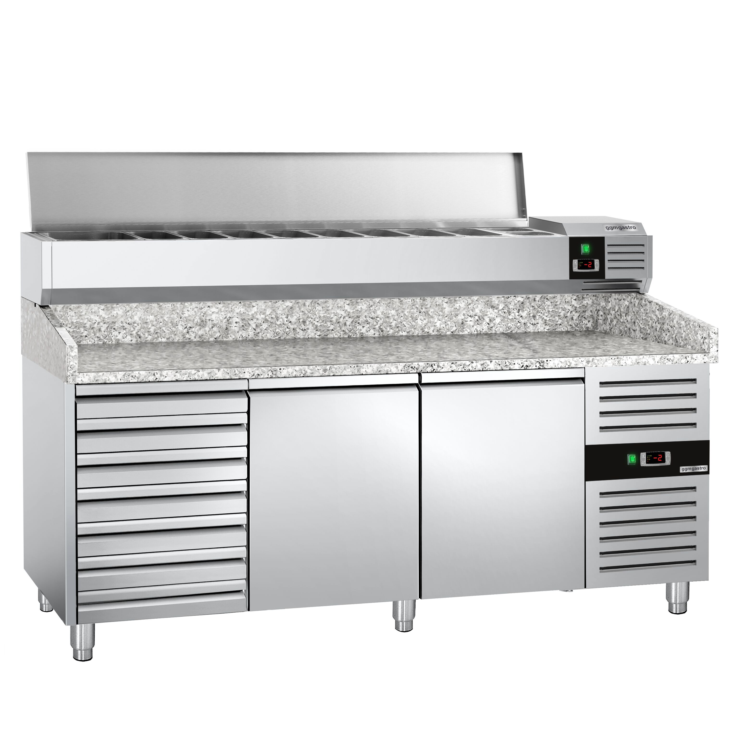 Table réfrigérée à pizza PREMIUM - 2000 x 800 mm - avec 2 portes et 7 tiroirs - incl. vitrine réfrigérée - 9 x GN 1/3