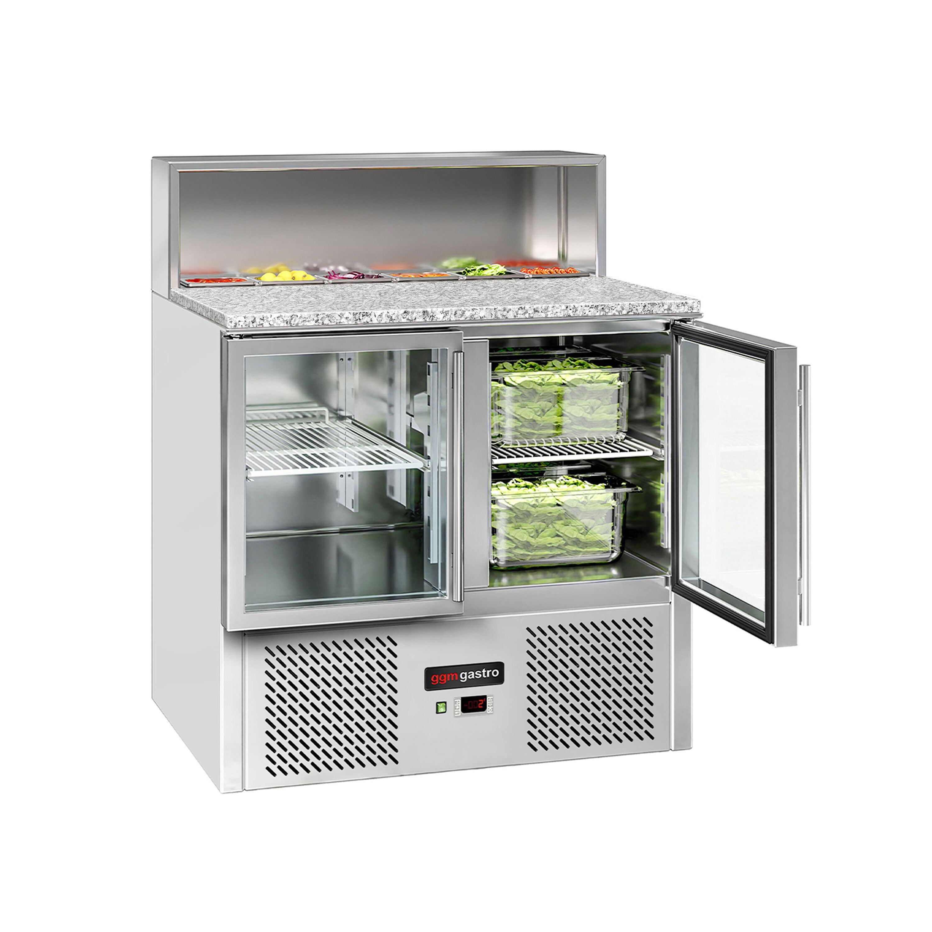 Saladette réfrigérée ECO - 903mm - 2 portes vitrées - pour 5x GN 1/6 & Couvercle inox - plan de travail en granit noir - 240L