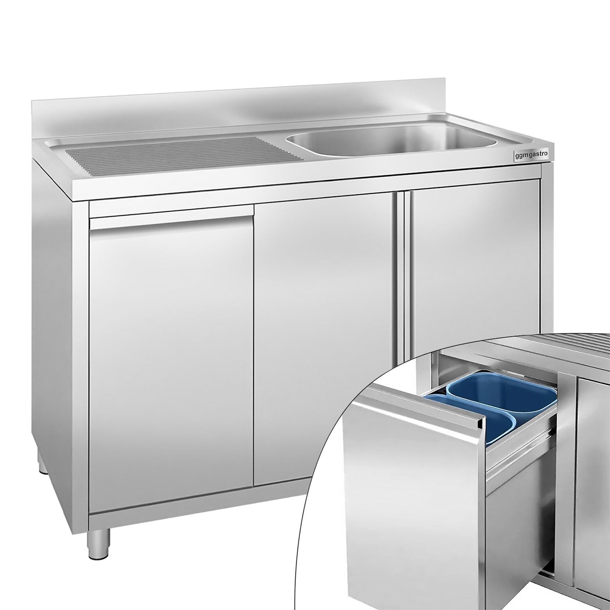 Plonge inox - 1200x600mm - 1 bac à droite - avec égouttoir à gauche - avec dosseret - sur meuble - avec vide‑déchets et poubelle