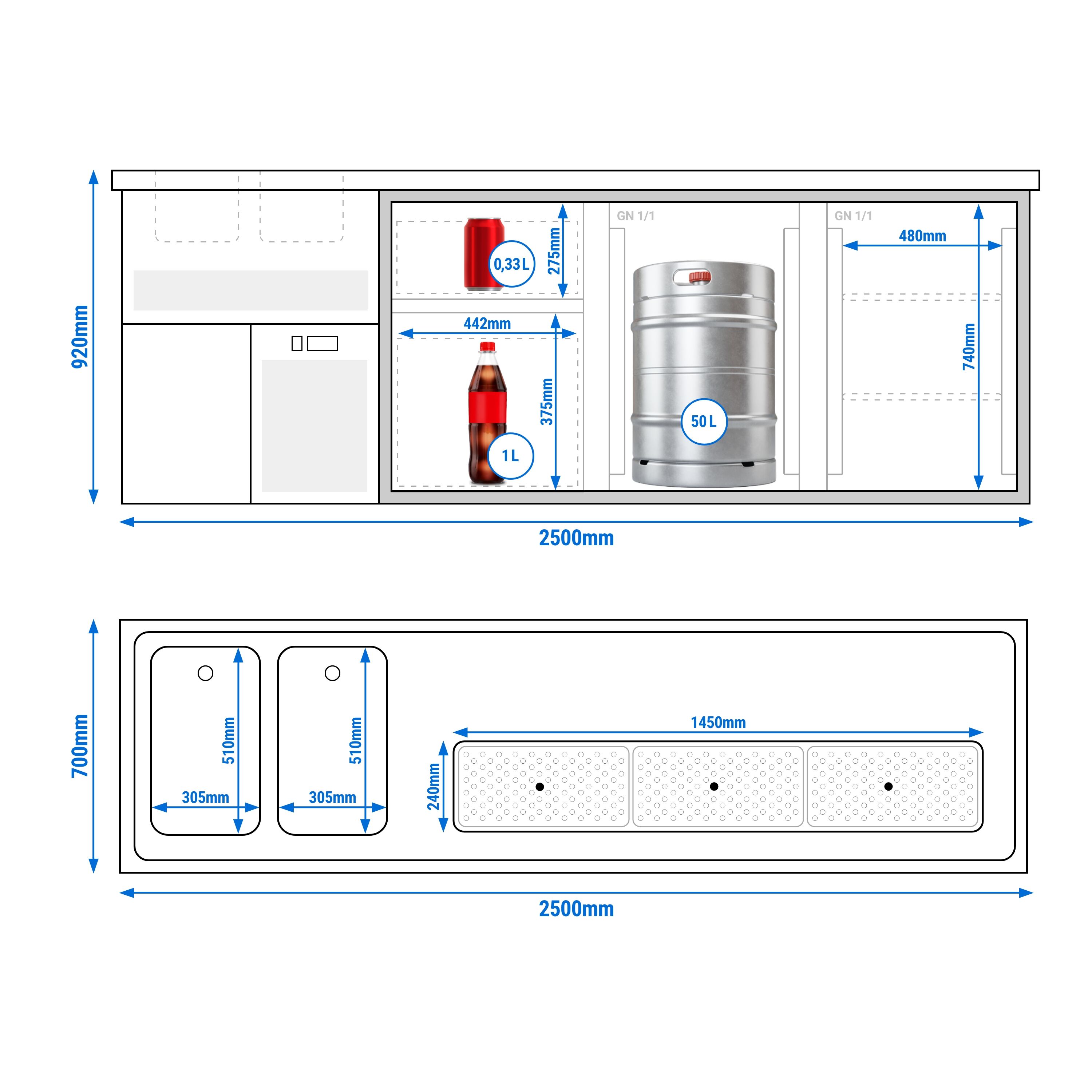Comptoir de bar réfrigéré Premium PLUS - 2500x700mm - 2 portes & 2 tiroirs