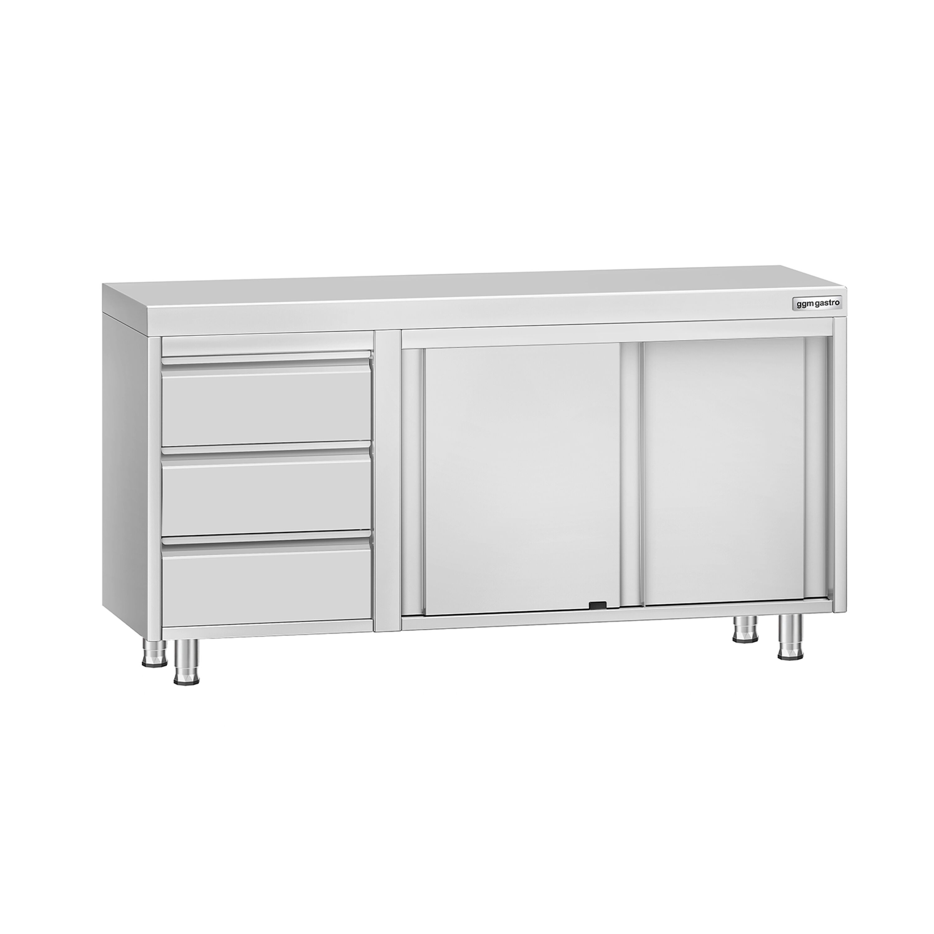 Table armoire en acier inoxydable ECO - 1400x700mm - avec portes coulissantes et 3 tiroirs à gauche