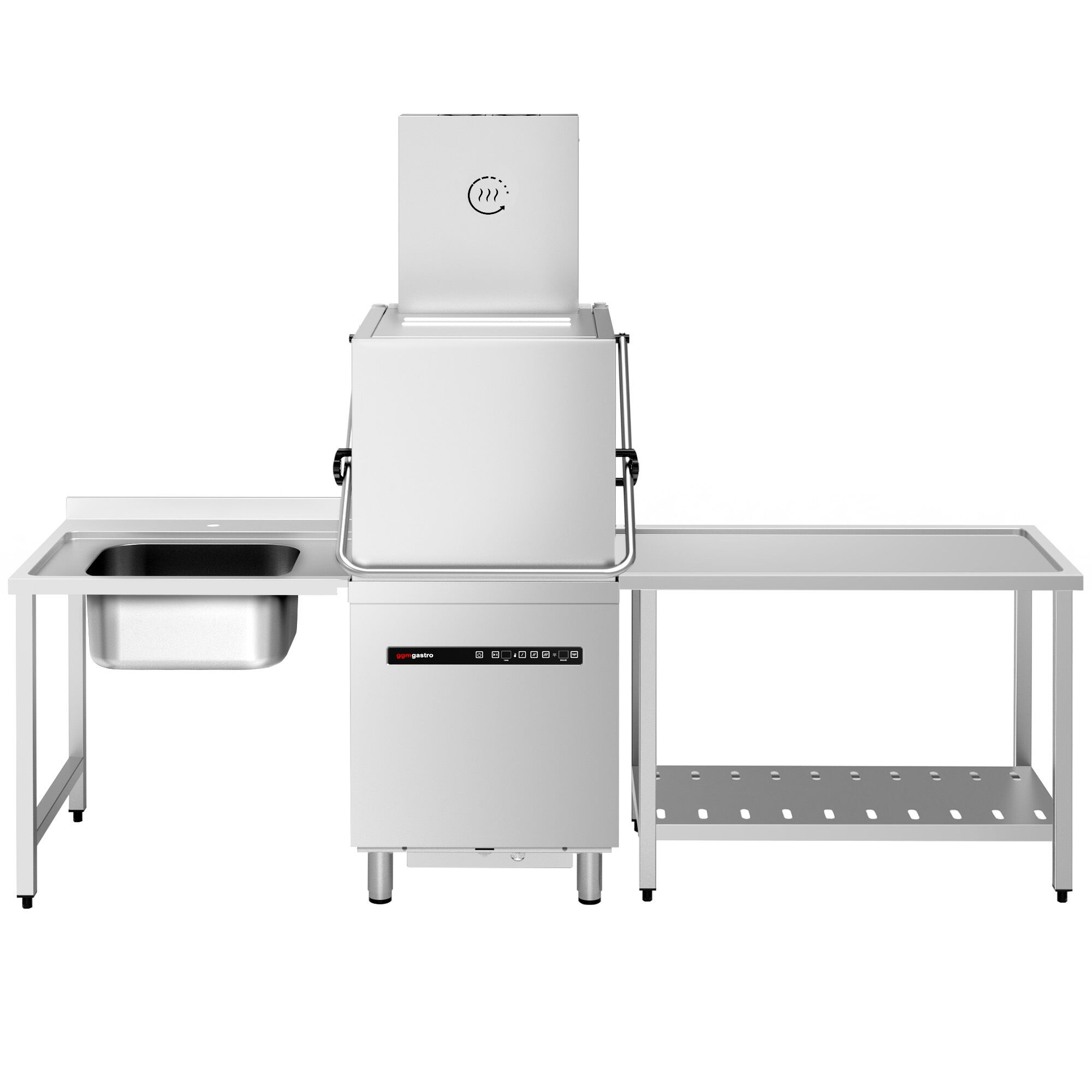 Lave-vaisselle à capot – Numérique – 8,7 kW – avec récupération de chaleur, pompe de détergent, de rinçage et de vidange – avec table d’entrée à gauche et table de sortie à droite incluses