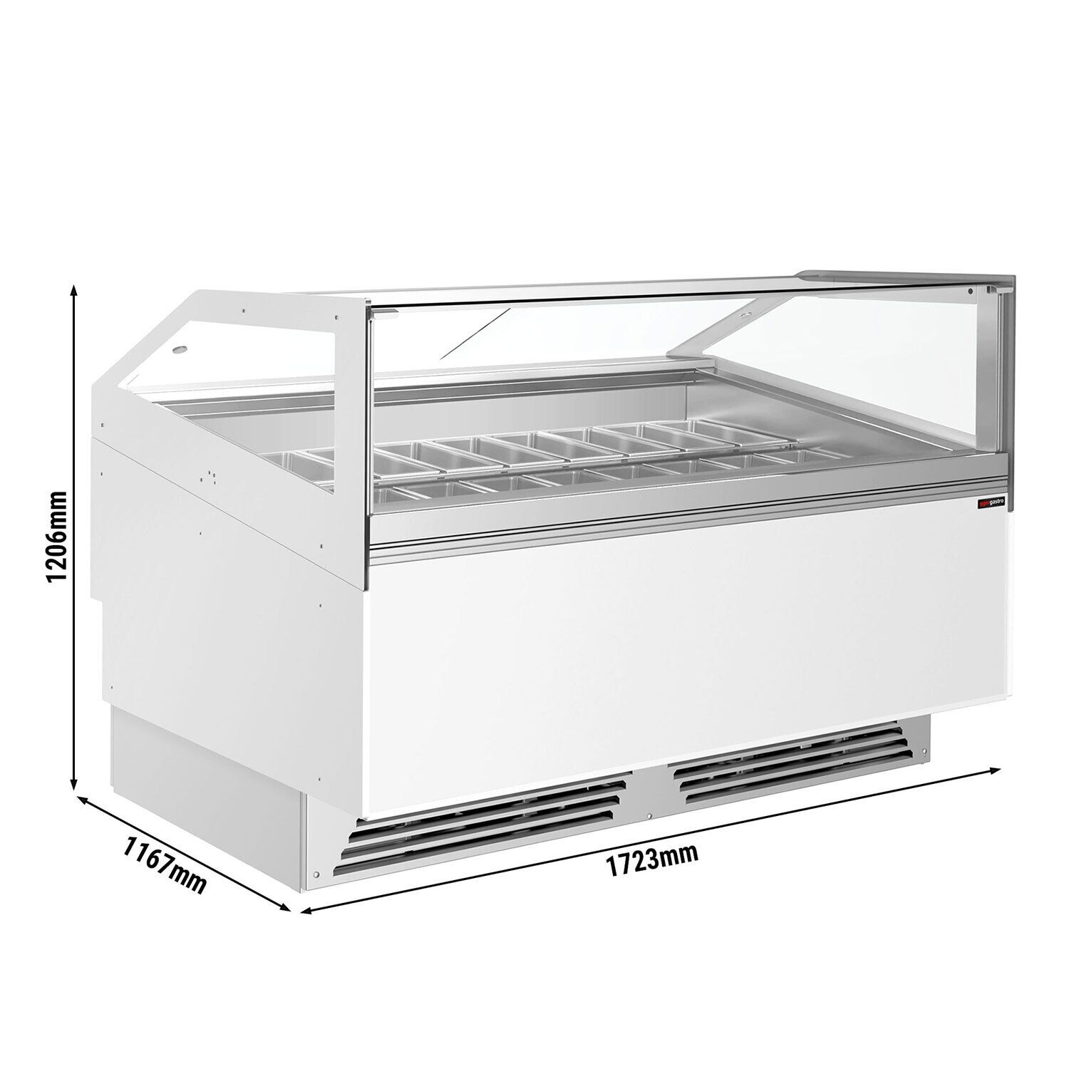 Vitrine à glace ADAM – 1700 mm – refroidissement ventilé – pour 18 bacs à glace de 5 litres ou 12 bacs à glace de 7 litres – Blanc
