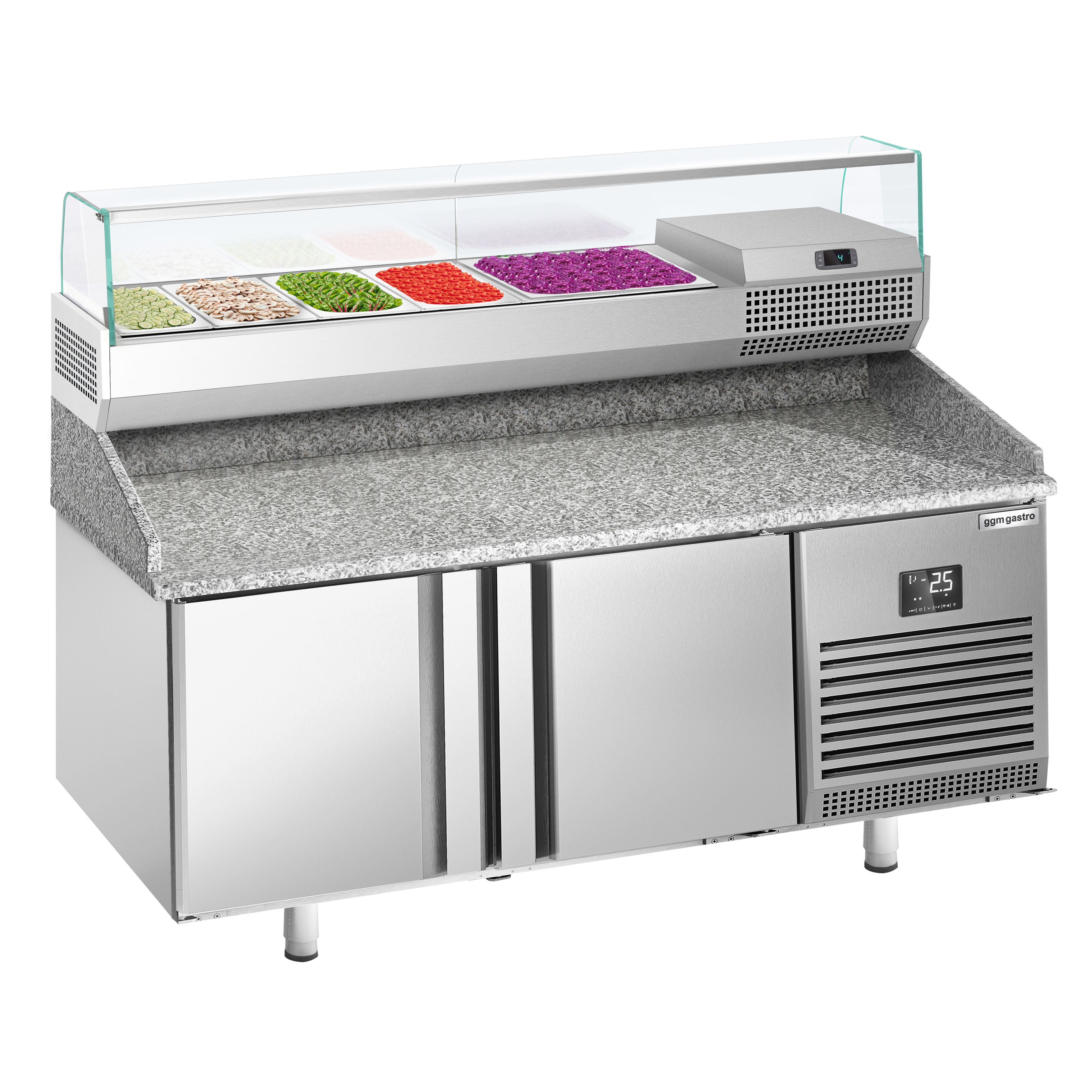 Table réfrigérée à pizza Premium PLUS - 1783 x 800 mm - avec 2 portes - incl. vitrine réfrigérée de présentation - 6x GN 1/3