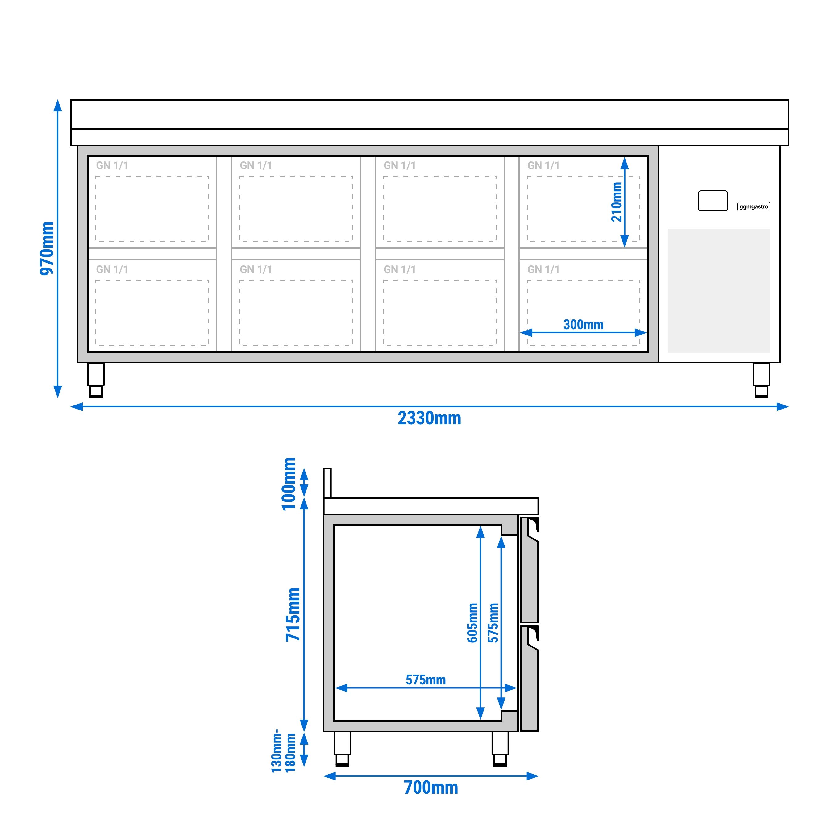 Table réfrigérée PREMIUM - 2330 x 700 mm - avec 8 tiroirs - dosseret