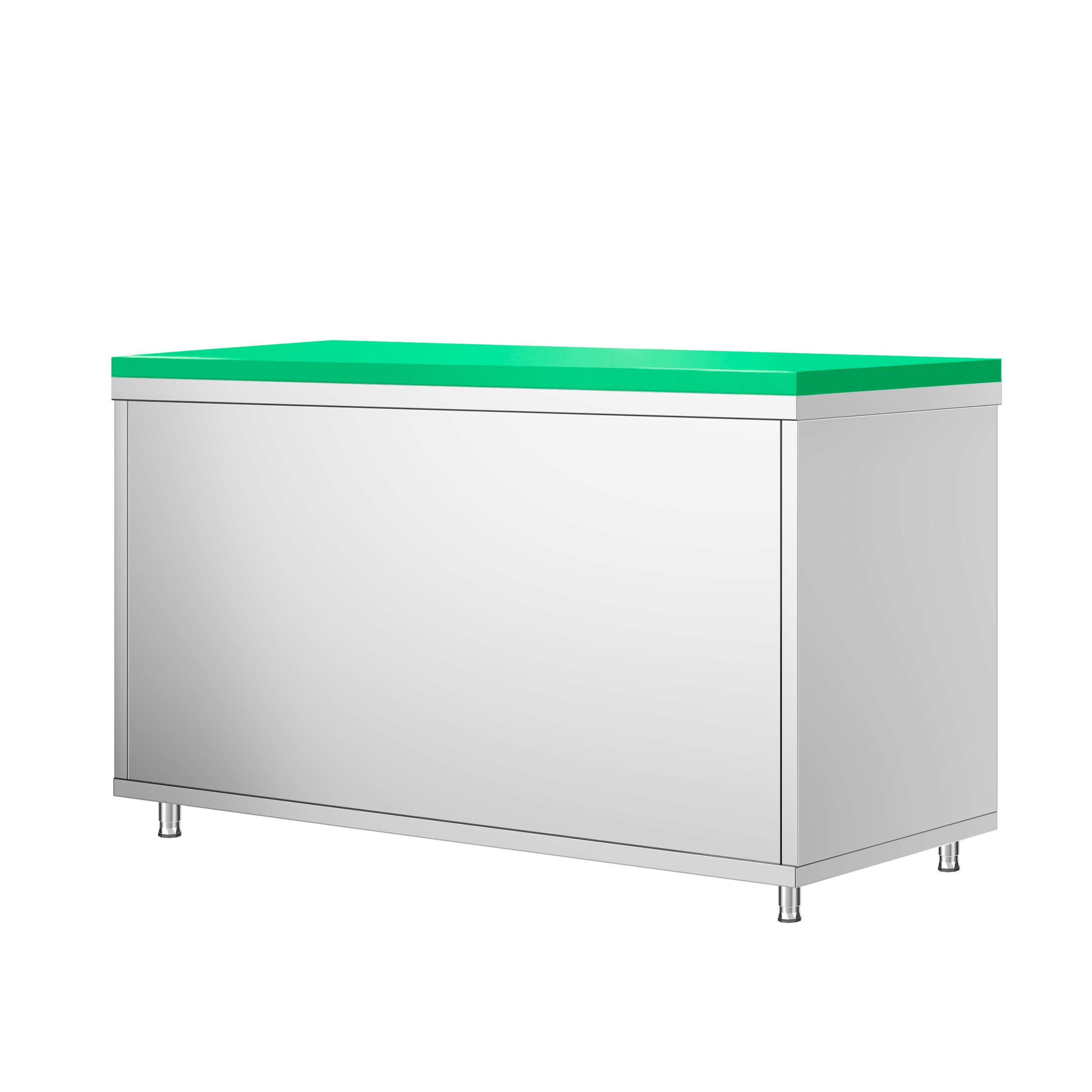 Table armoire en acier inoxydable PREMIUM - 1600x700mm - avec portes coulissantes et étagère basse - pour fruits et légumes - incl. plateau de découpe Vert PEHD (HACCP)