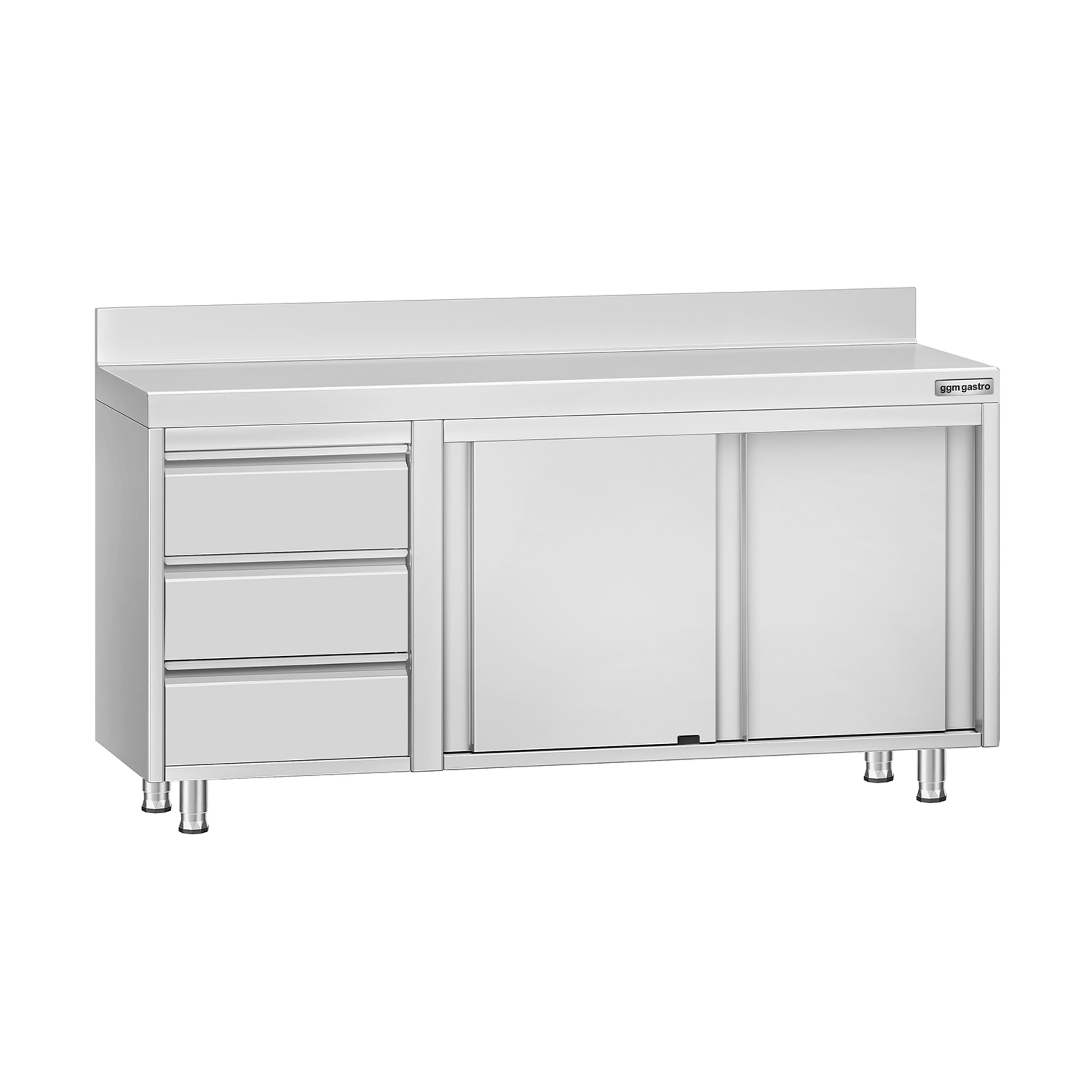 Table armoire en acier inoxydable ECO - 1600x600mm - avec 3 tiroirs à gauche et portes coulissantes - avec dosseret