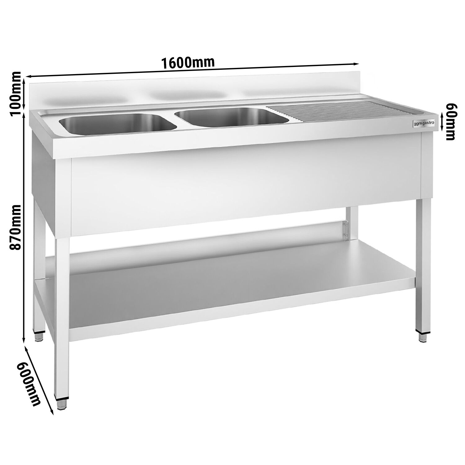 Plonge en inox PREMIUM - 1600x600mm - avec étagère basse - 2 bacs à gauche