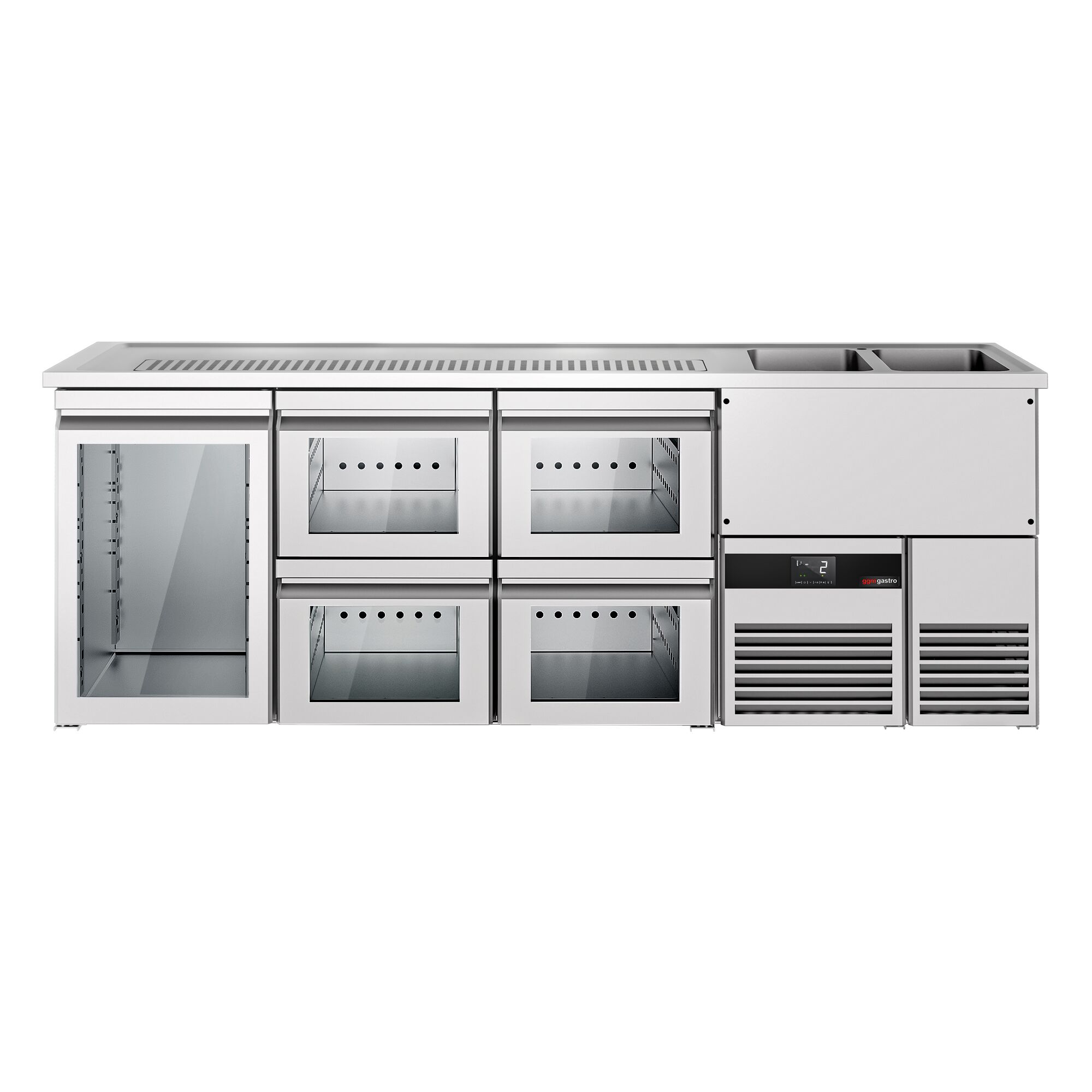 Comptoir de bar réfrigéré PREMIUM - 2500x700mm - 1 porte vitrée & 4 tiroirs en verre
