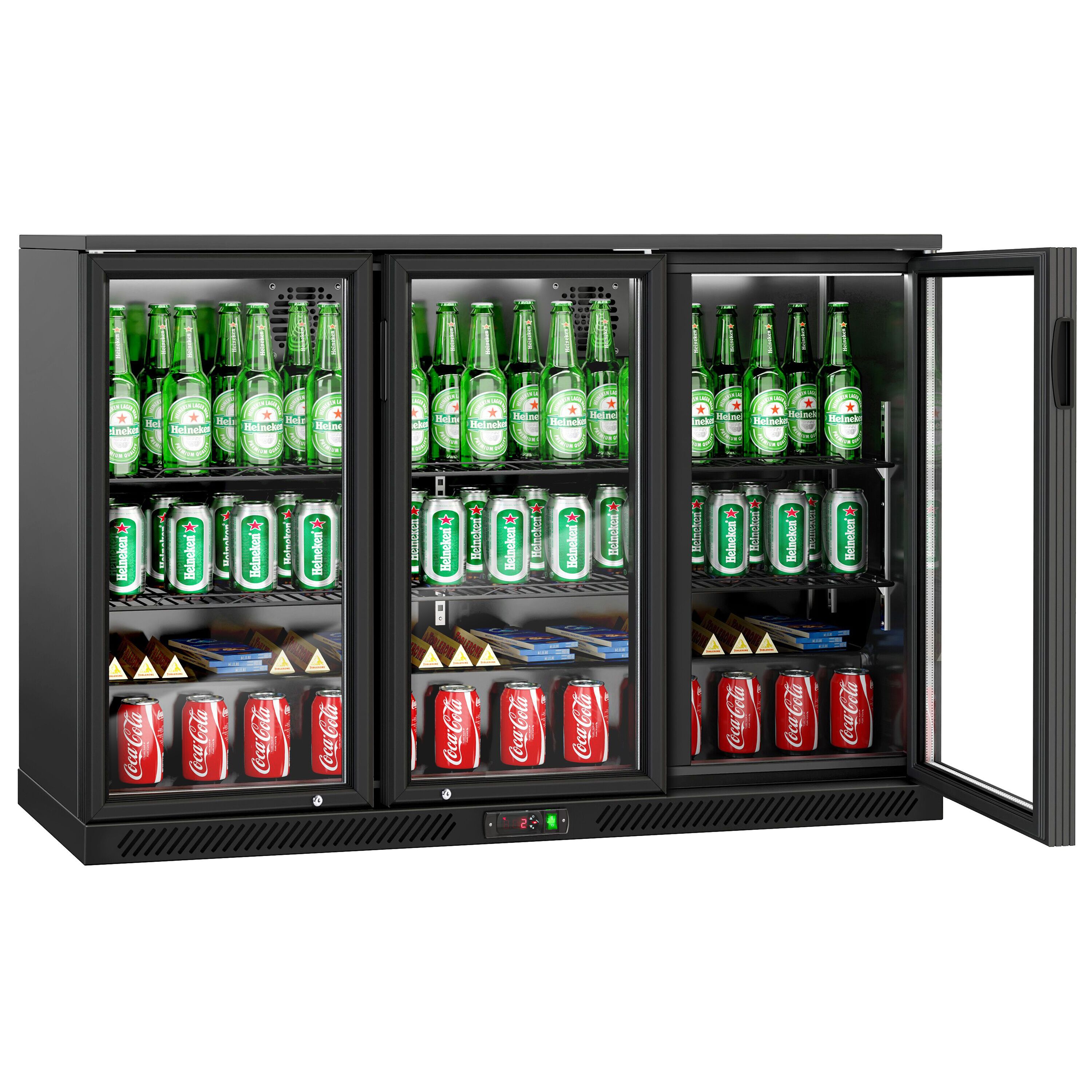 Réfrigérateur de bar – 1350 mm – 320 litres – avec 3 portes vitrées battantes – Extérieur & intérieur Noir