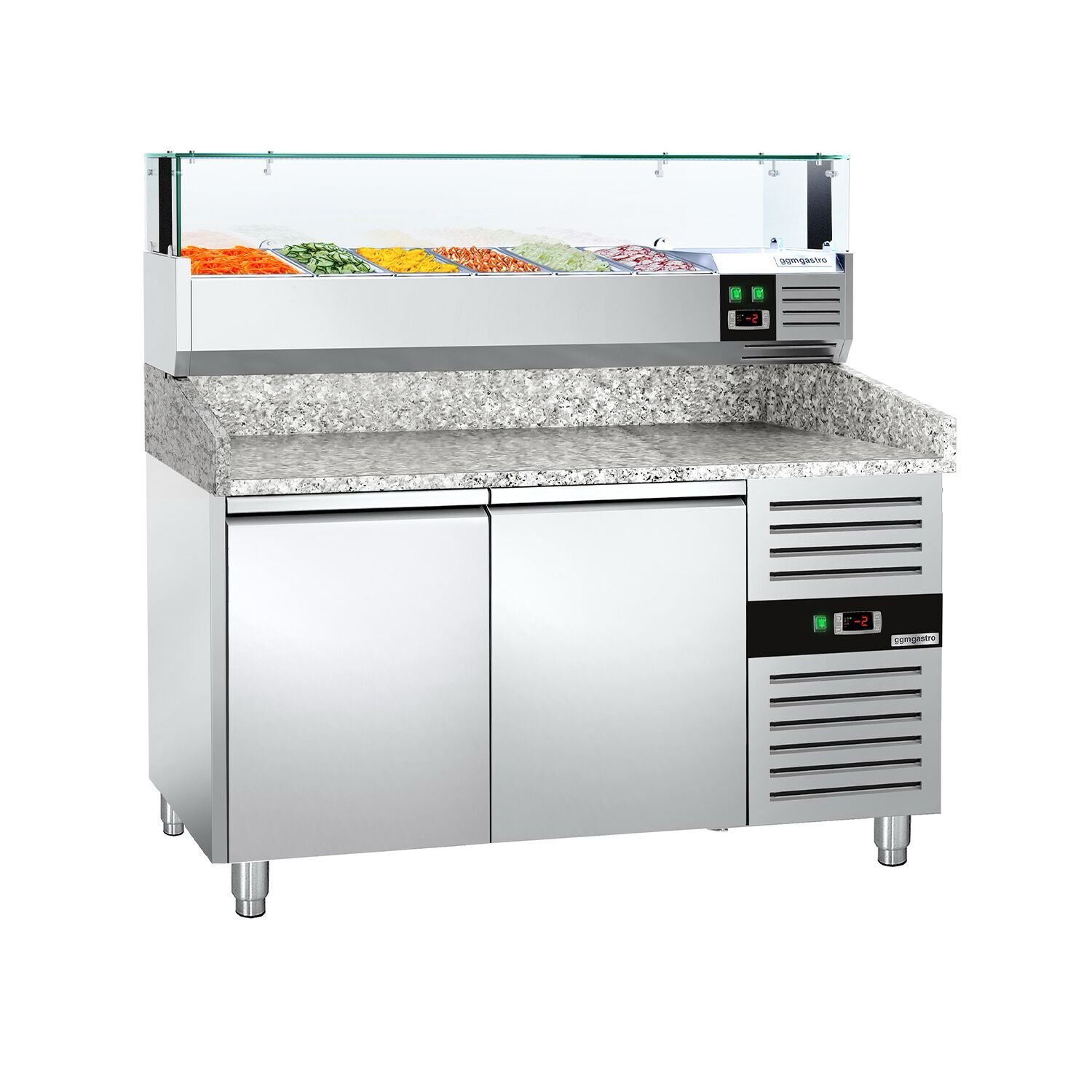 Table réfrigérée pour pizza PREMIUM - 1500 x 800 mm - avec 2 portes - incl. vitrine réfrigérée avec LED - 5 x GN 1/3 + 1 x GN 1/2