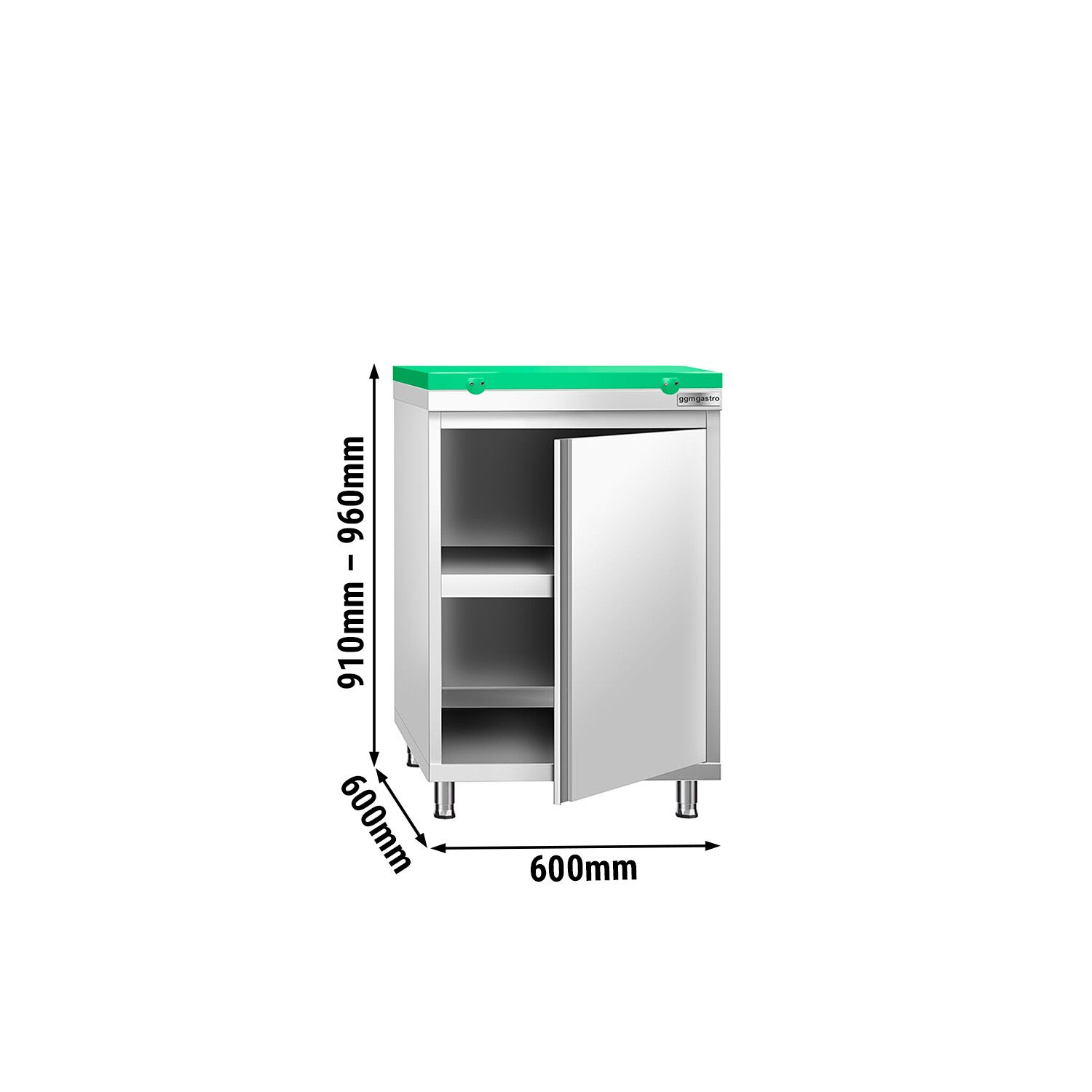 Table armoire en acier inoxydable PREMIUM - 600x600mm - avec porte battante - incl. plateau de découpe Vert PEHD (HACCP) - pour fruits et légumes