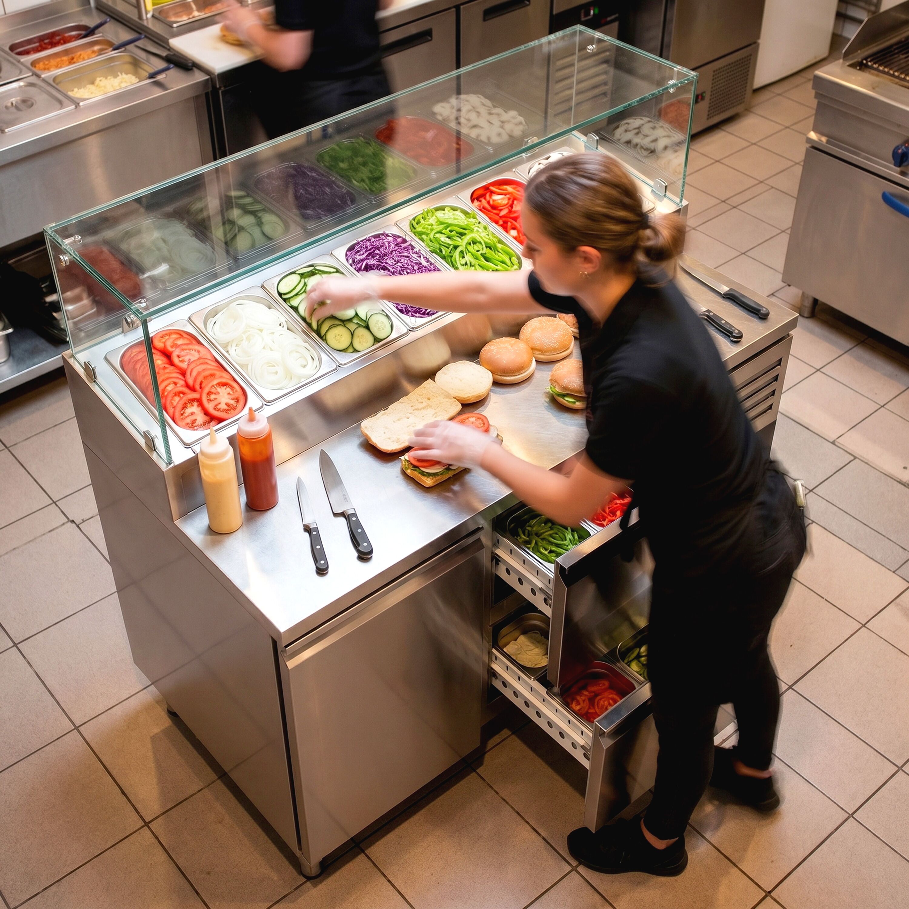 Commercial Saladette Prep Counter PREMIUM - 1360x700mm - with 1 Door & 2 Drawers - for 7x GN 1/3 - incl. Glass sneeze guard