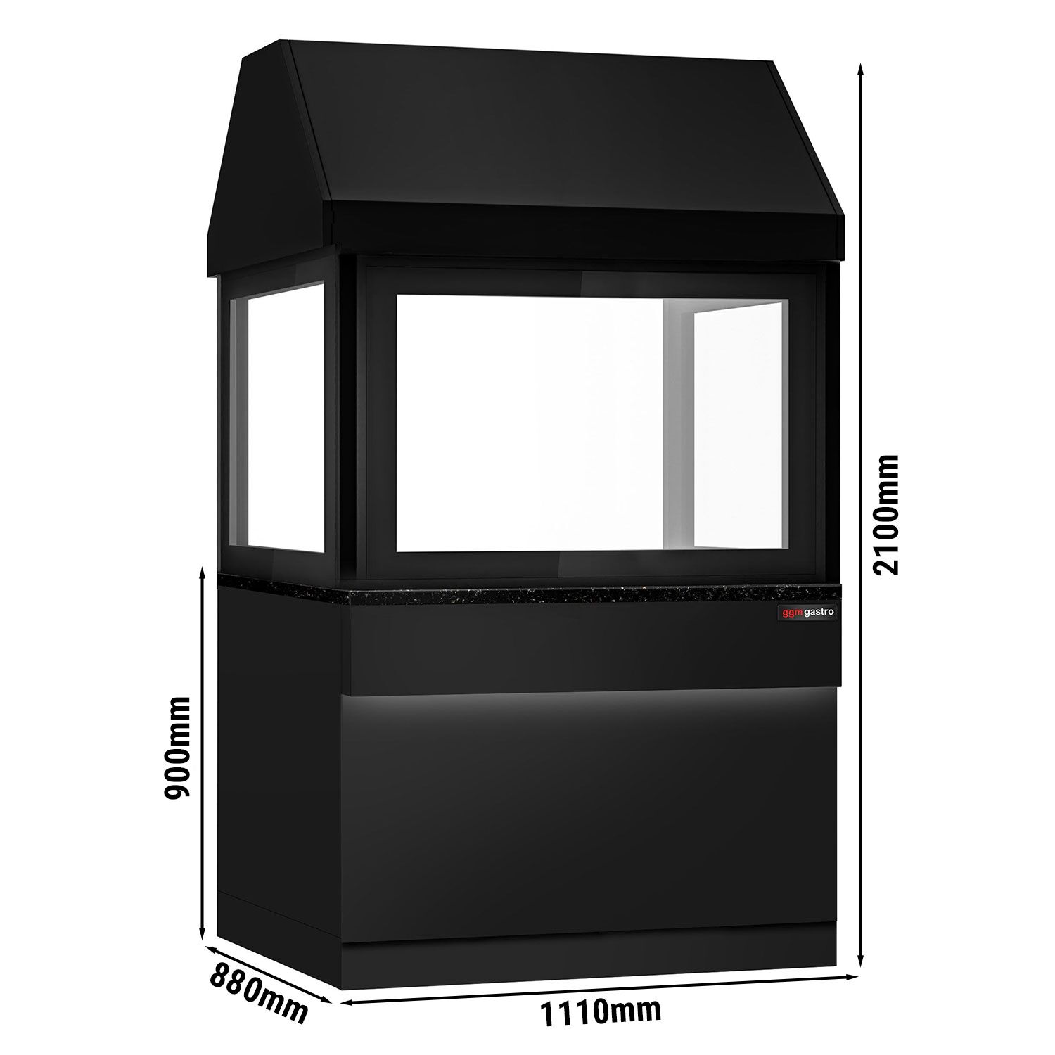 Barbecue au charbon de bois TORONTO – 1100 mm – façade noire – plan de travail en granit noir – verre de protection thermique