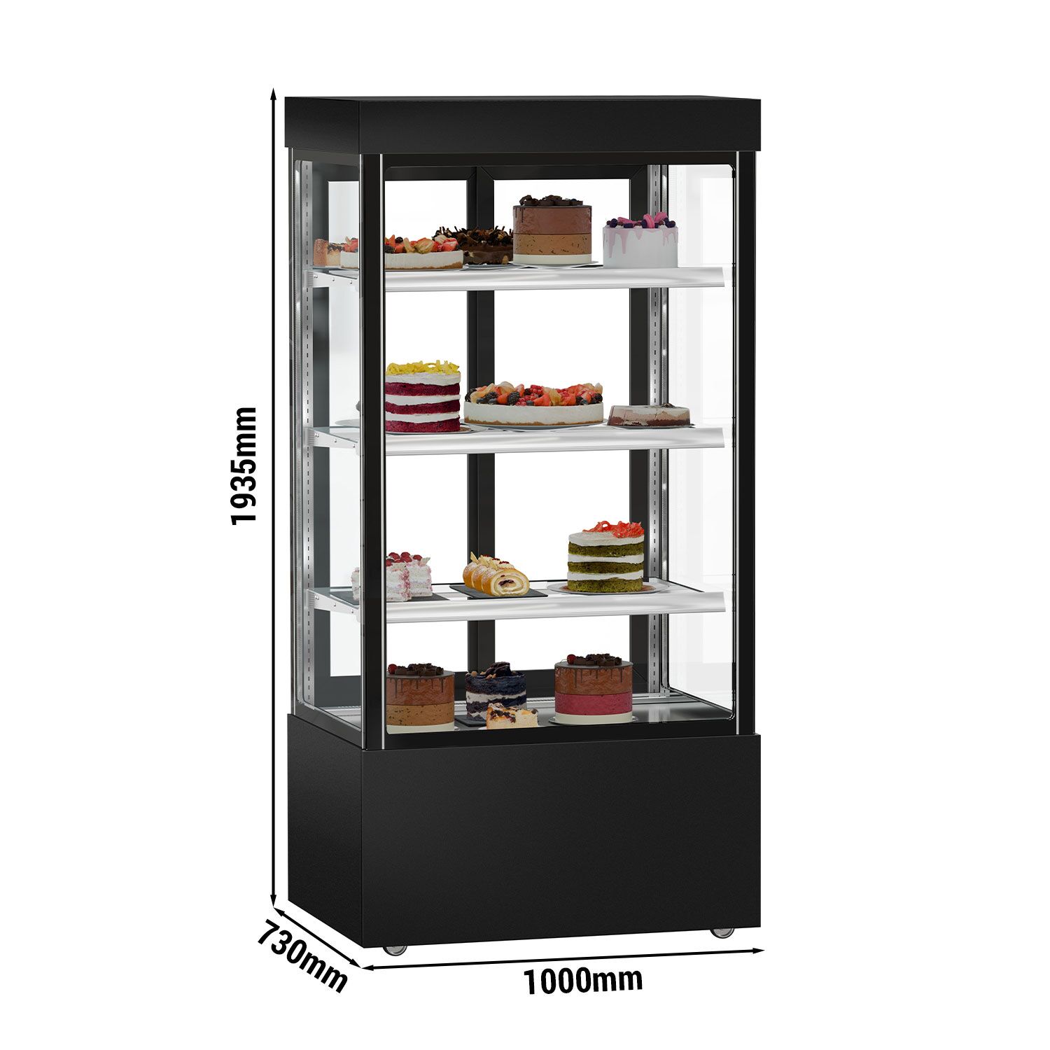 Vitrine réfrigérée 4 faces vitrées MADRID - 850L - 1000mm - Double vitrage - avec 3 étagères en verre - portes coulissantes vitrées arrière - Noir mat