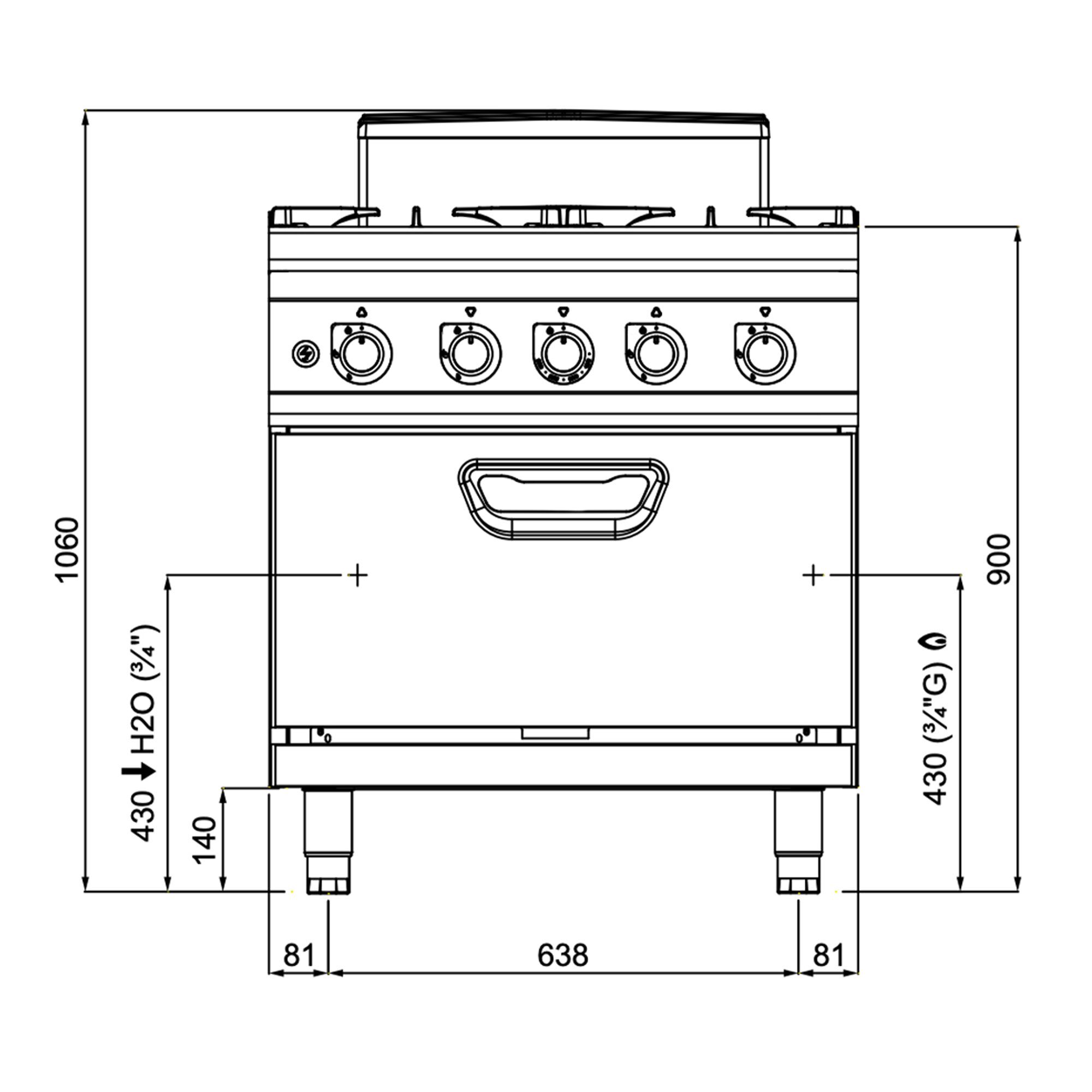 Fourneau à gaz – 40 kW – 4 brûleurs – avec four à gaz statique – 7,8 kW – modèle haute performance