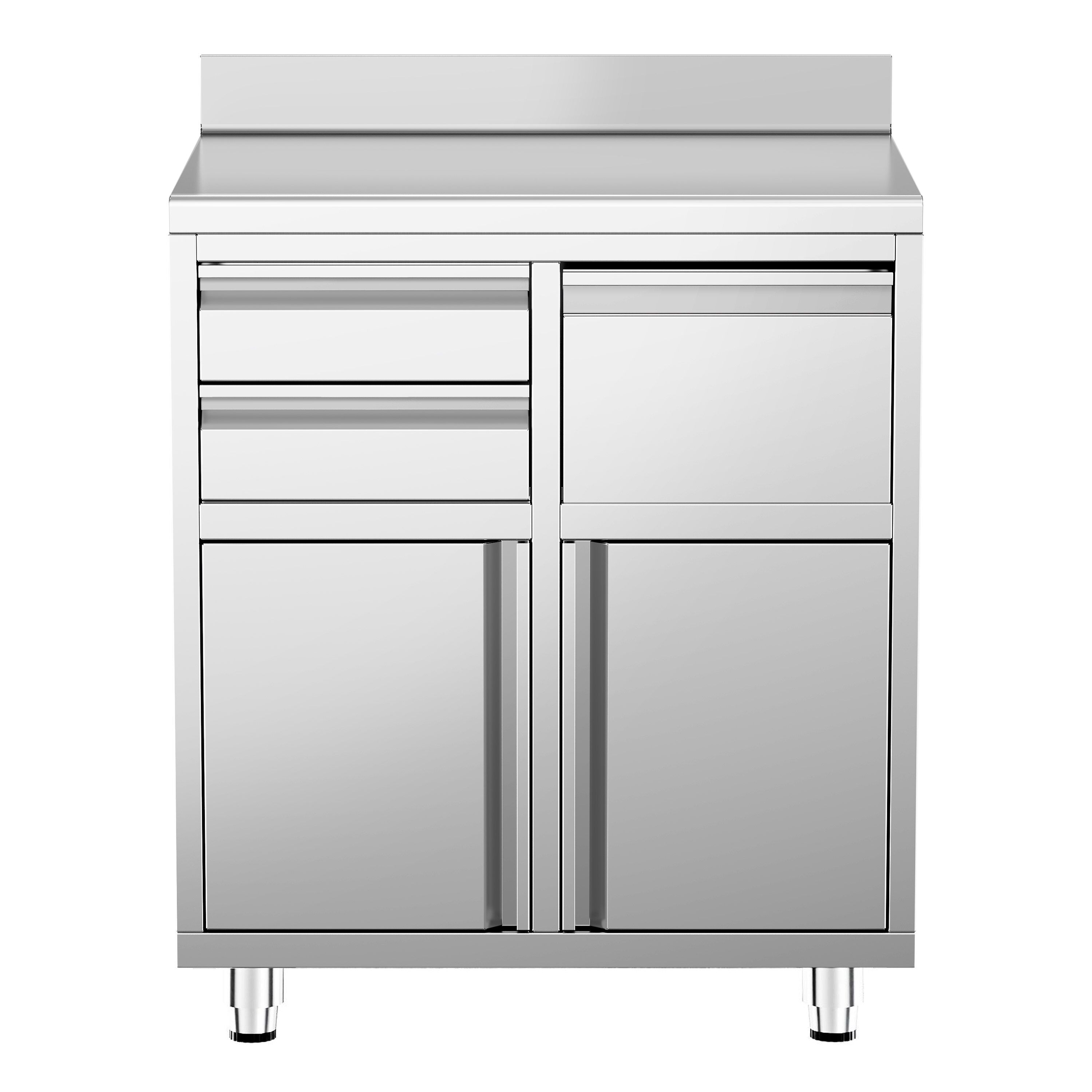 Table armoire en acier inoxydable - 800x600mm - avec portes battantes et 2 tiroirs - avec dosseret - pour cafetière à filtre