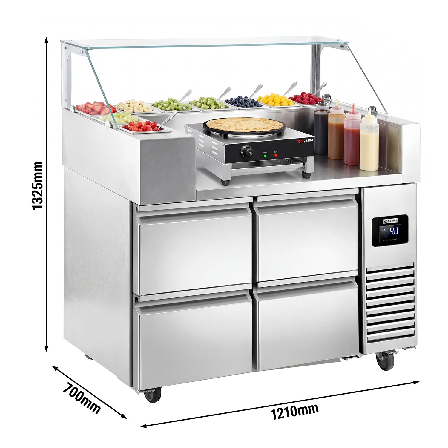 Table de préparation – 1210 mm – 4 tiroirs – pour 9 bacs GN 1/6 – incl. appareil à crêpes