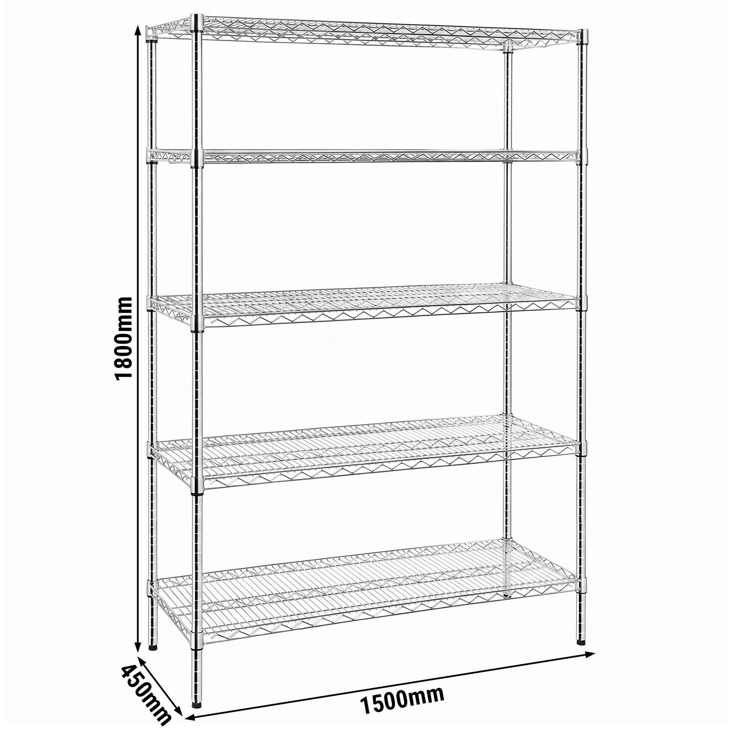 Stalen rek - 1500 x 450 mm - 5 legplanken - chroom