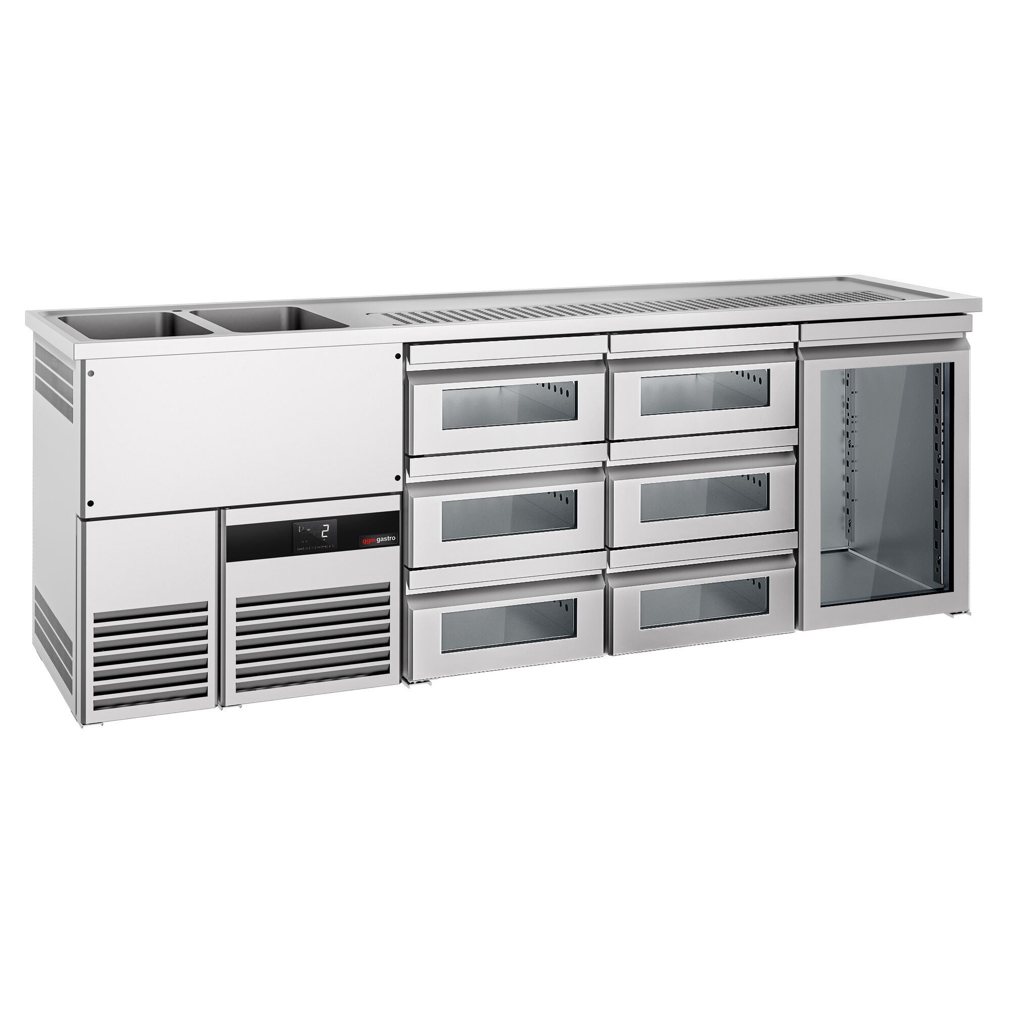 Comptoir de bar réfrigéré PREMIUM - 2500x700mm - 1 porte vitrée & 6 tiroirs en verre