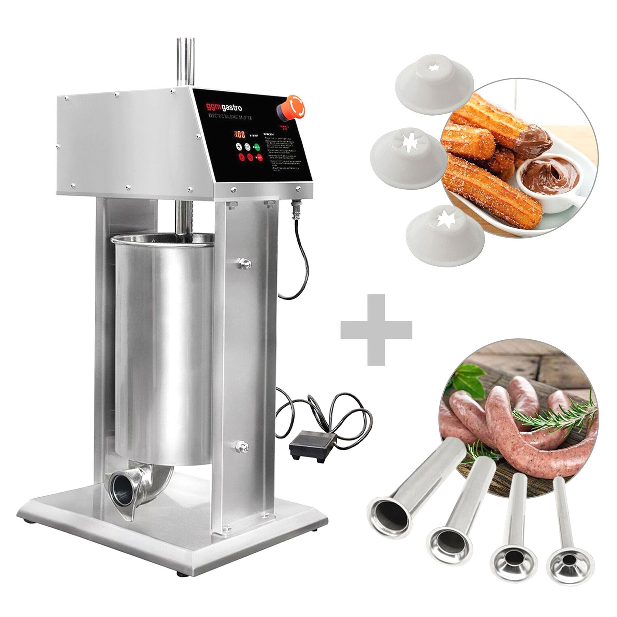 Poussoir à saucisses Électrique & Machine à churros - 15 Litres - 90 Watts - inox - incl. 4 Embouts à saucisses & 3 Embouts à churros
