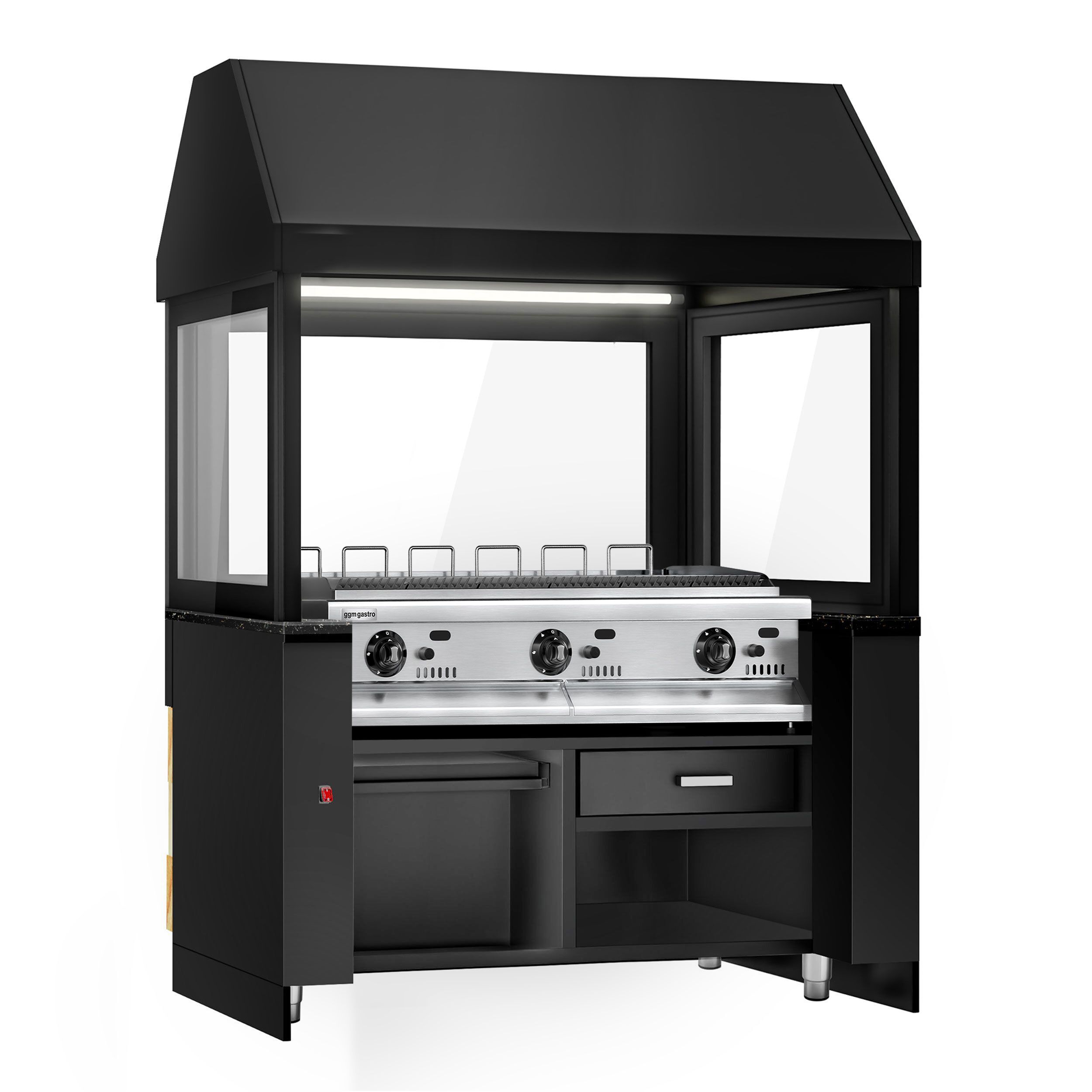 Grill à gaz TORONTO - 1500 mm - Façade en bois - plan de travail en granit noir - verre de protection thermique