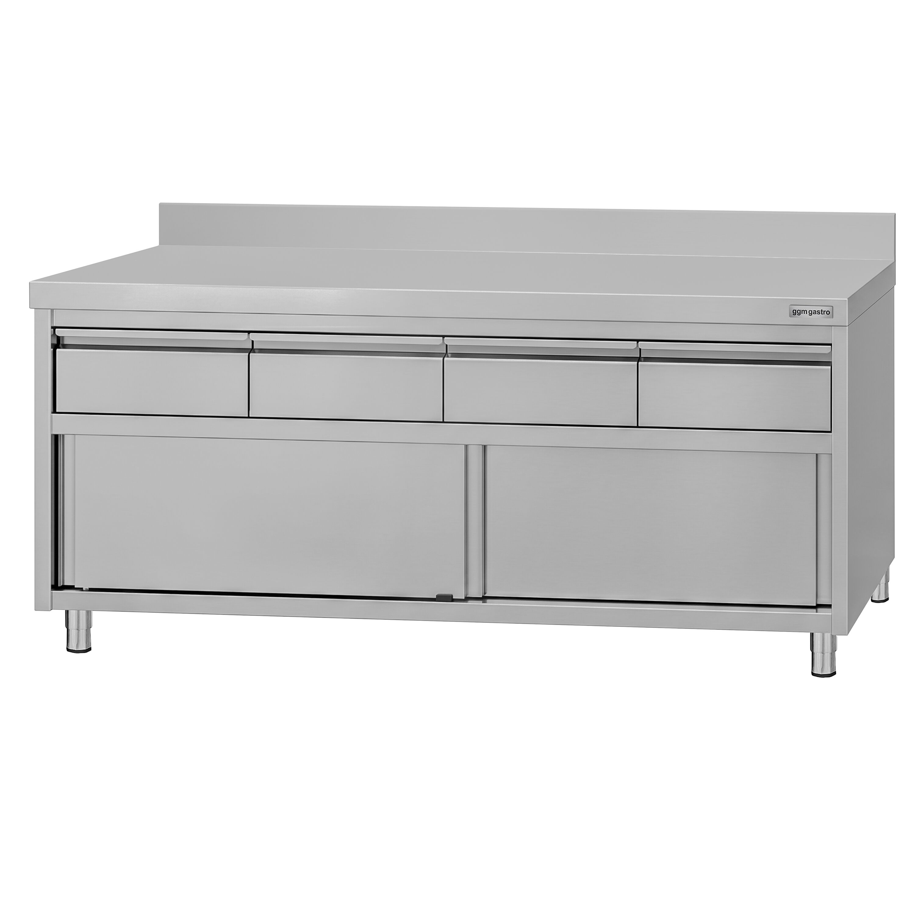 Armoire de travail en acier inoxydable ECO - 2000 x 600 mm - avec rebord - avec 4 tiroirs et une porte coulissante