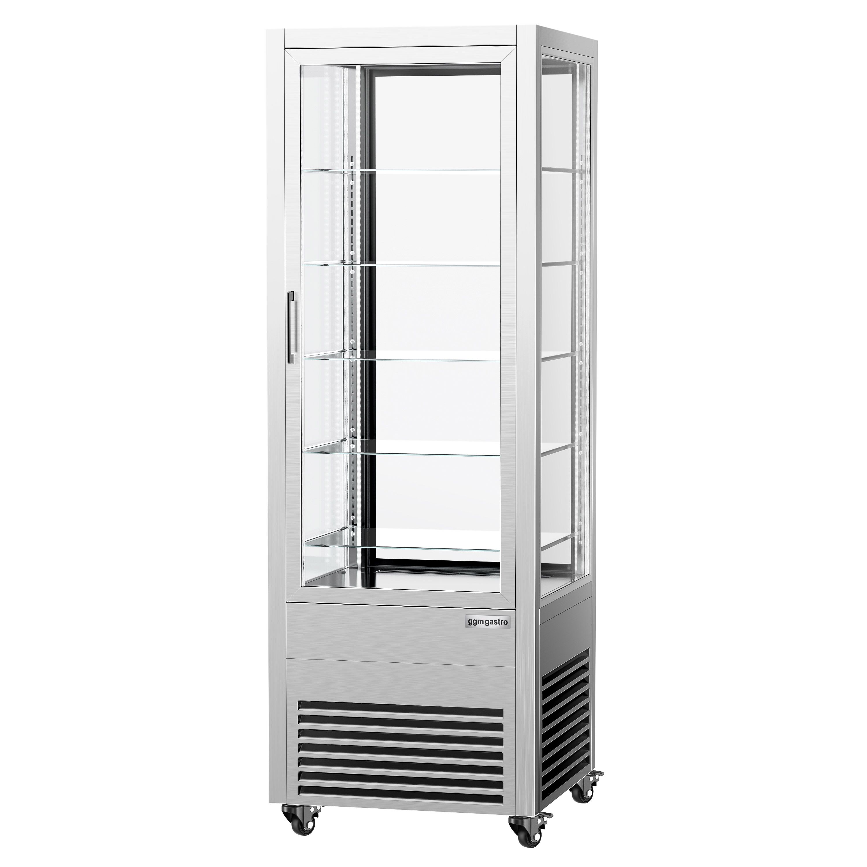 Vitrine réfrigérée 4 faces vitrées / Vitrine panoramique – 440 litres – 2 portes en verre – 5 étagères – Argent