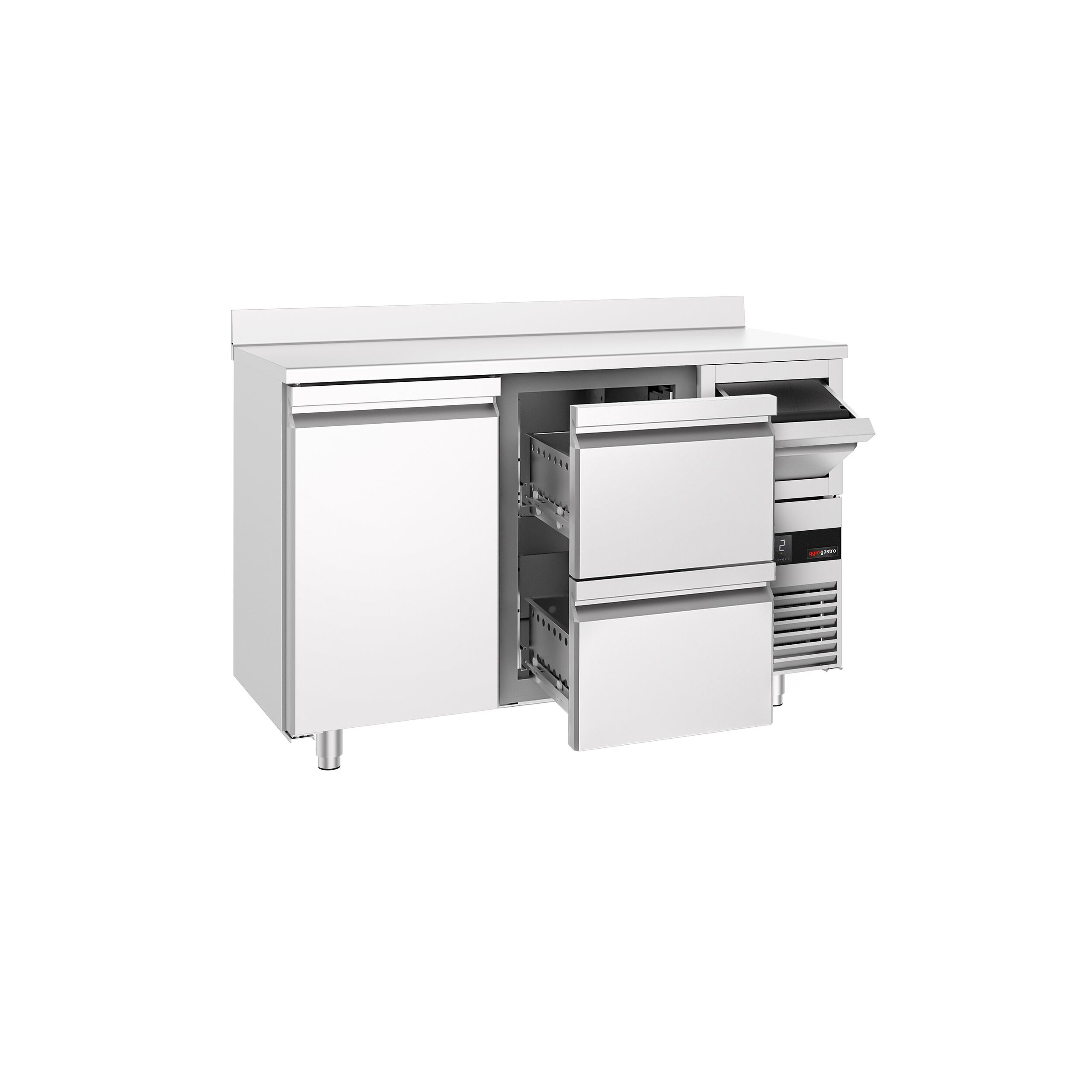 Arrière-bar réfrigéré professionnel  PREMIUM - 1580 x 600 mm - avec 1 porte et 2 tiroirs - avec dosseret - avec tiroir à marc de café