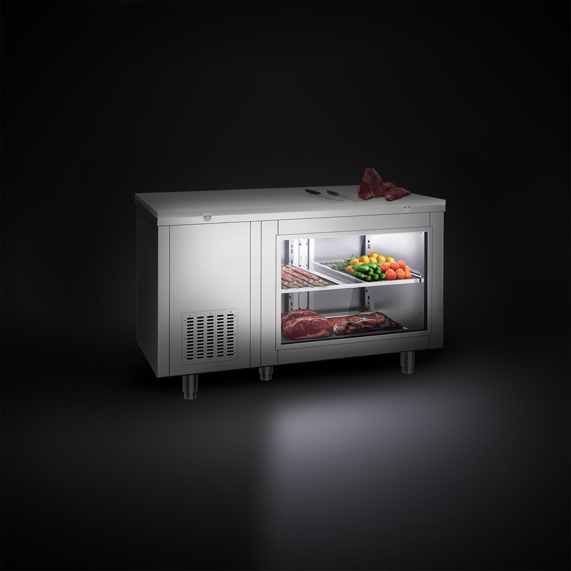 Refrigerated Counter – 1400 × 700 mm – Rear Side with 2 Doors – Glass Front – incl. White Cutting Board
