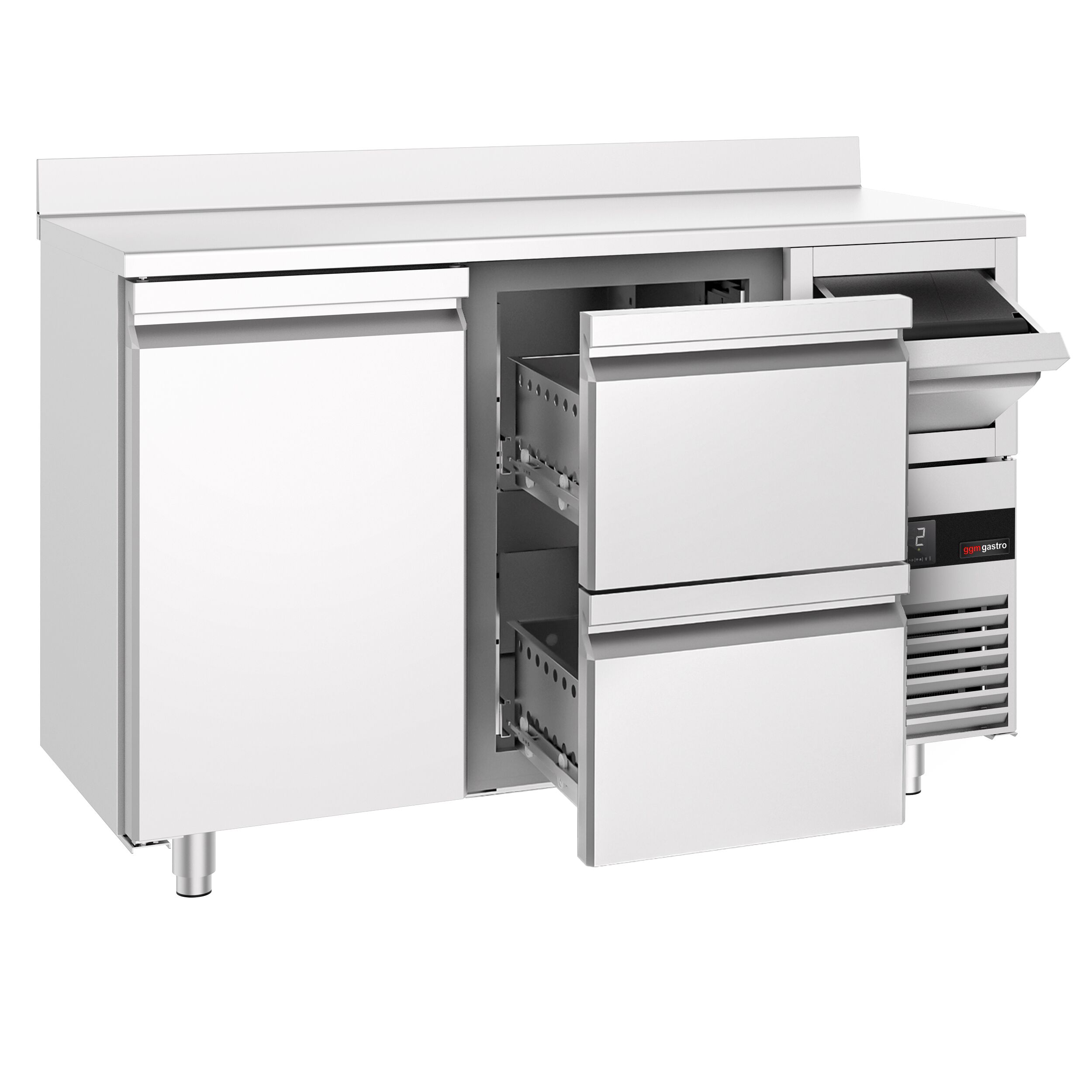 Arrière-bar réfrigéré professionnel  PREMIUM - 1580 x 600 mm - avec 1 porte et 2 tiroirs - avec dosseret - avec tiroir à marc de café
