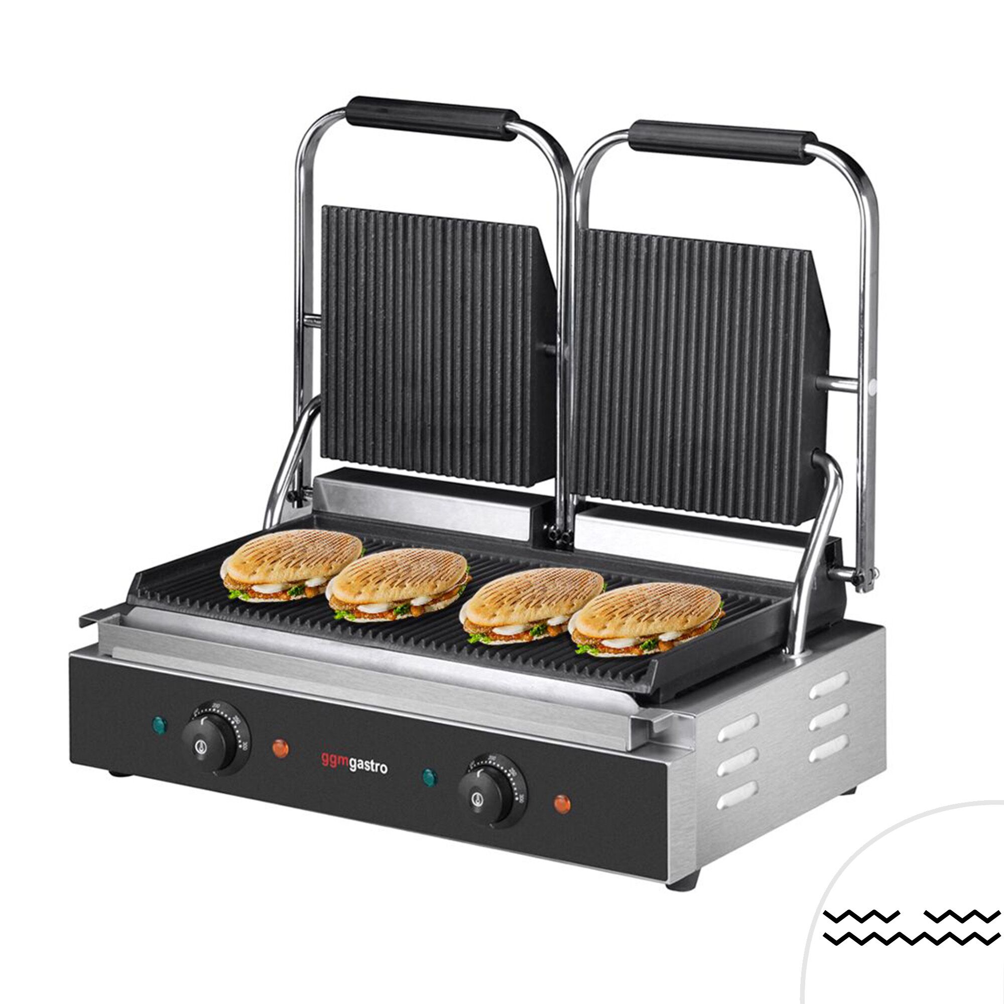 Presse à Panini / Gril de contact - 3,6kW - Plaques rainurées - Surface de cuisson : 480x230mm