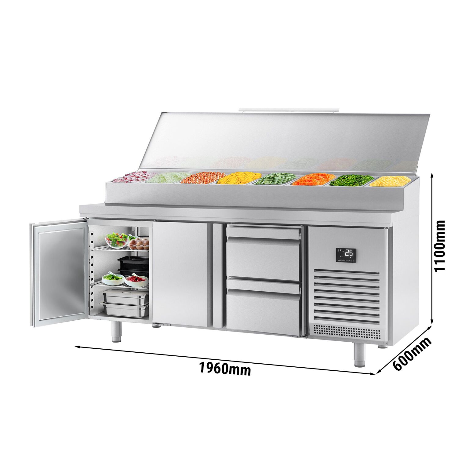 Table réfrigérée de préparation - 1960x600 mm - avec 2 portes & 2 tiroirs - superstructure inox pour 11 bacs GN 1/4