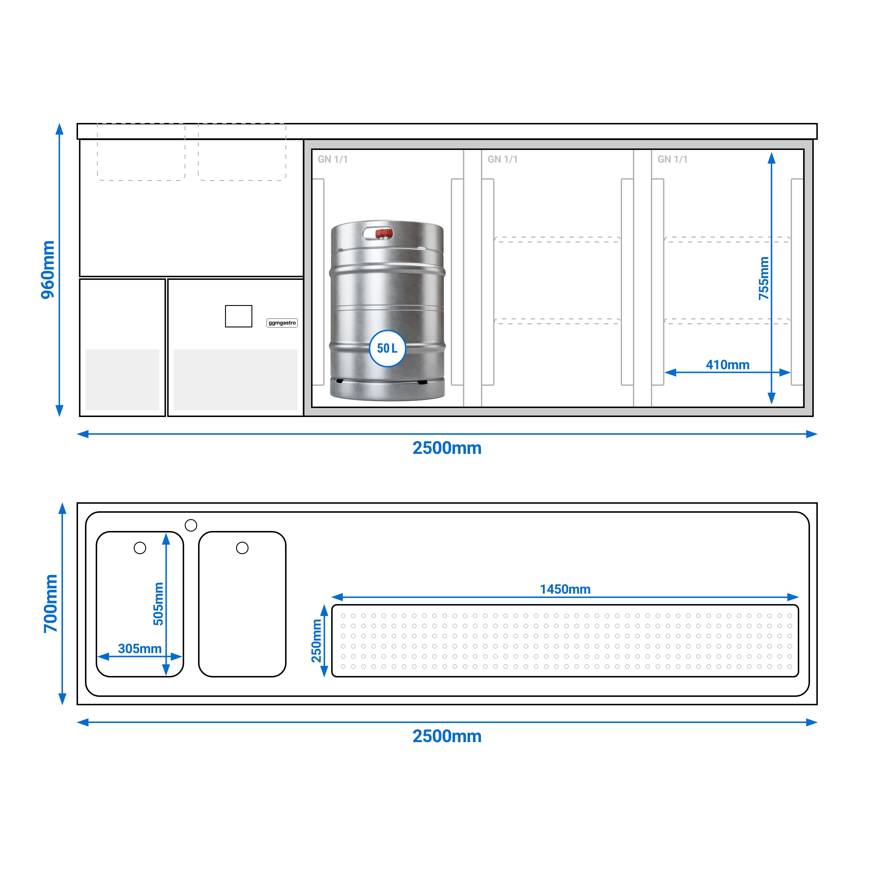 Comptoir de bar réfrigéré PREMIUM - 2500x700mm - 3 portes vitrées