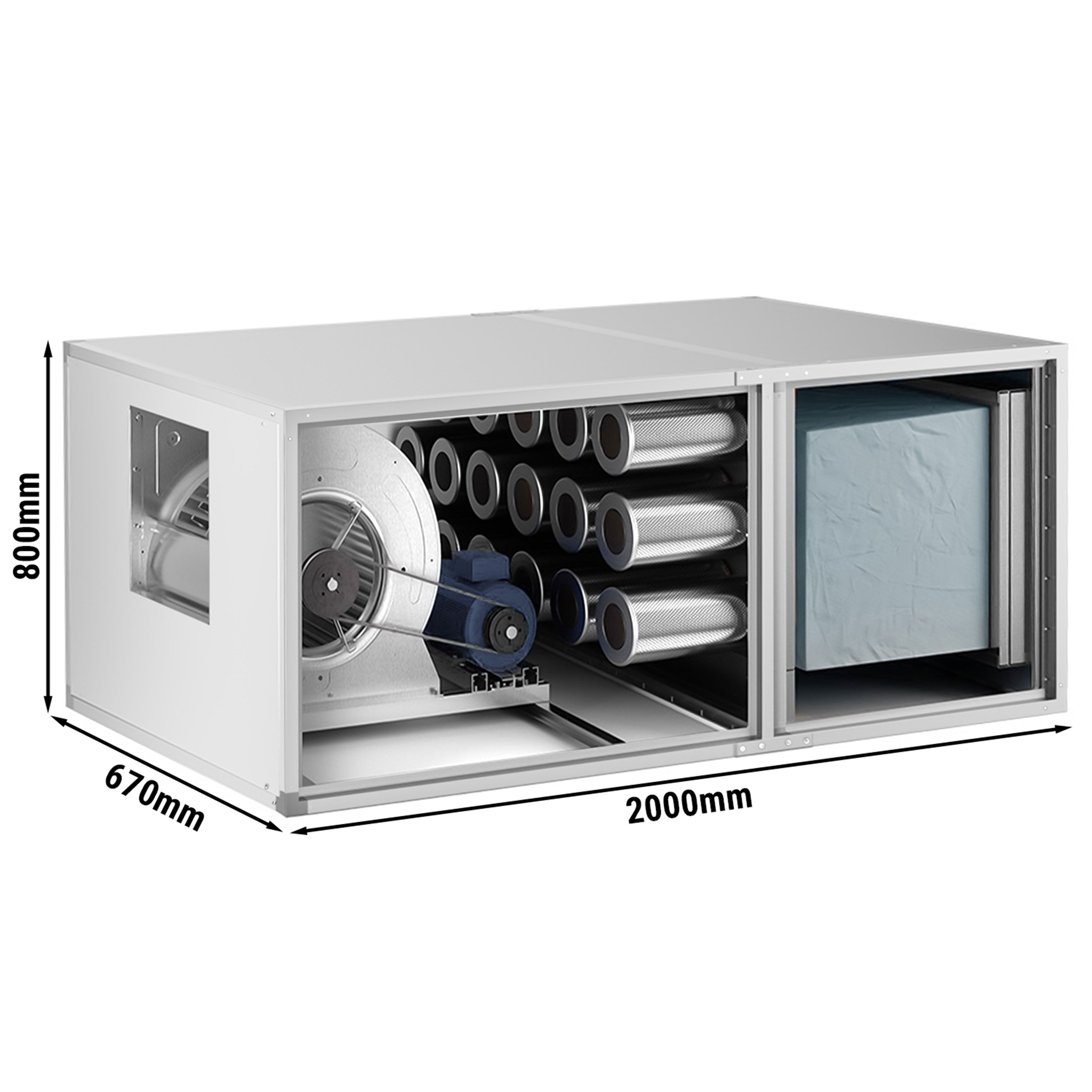 Unité de filtration à charbon actif pour hotte professionnelle avec ventilateur intégré - 3500m³/h - avec préfiltre et filtre à charbon actif - panneau de protection inclus