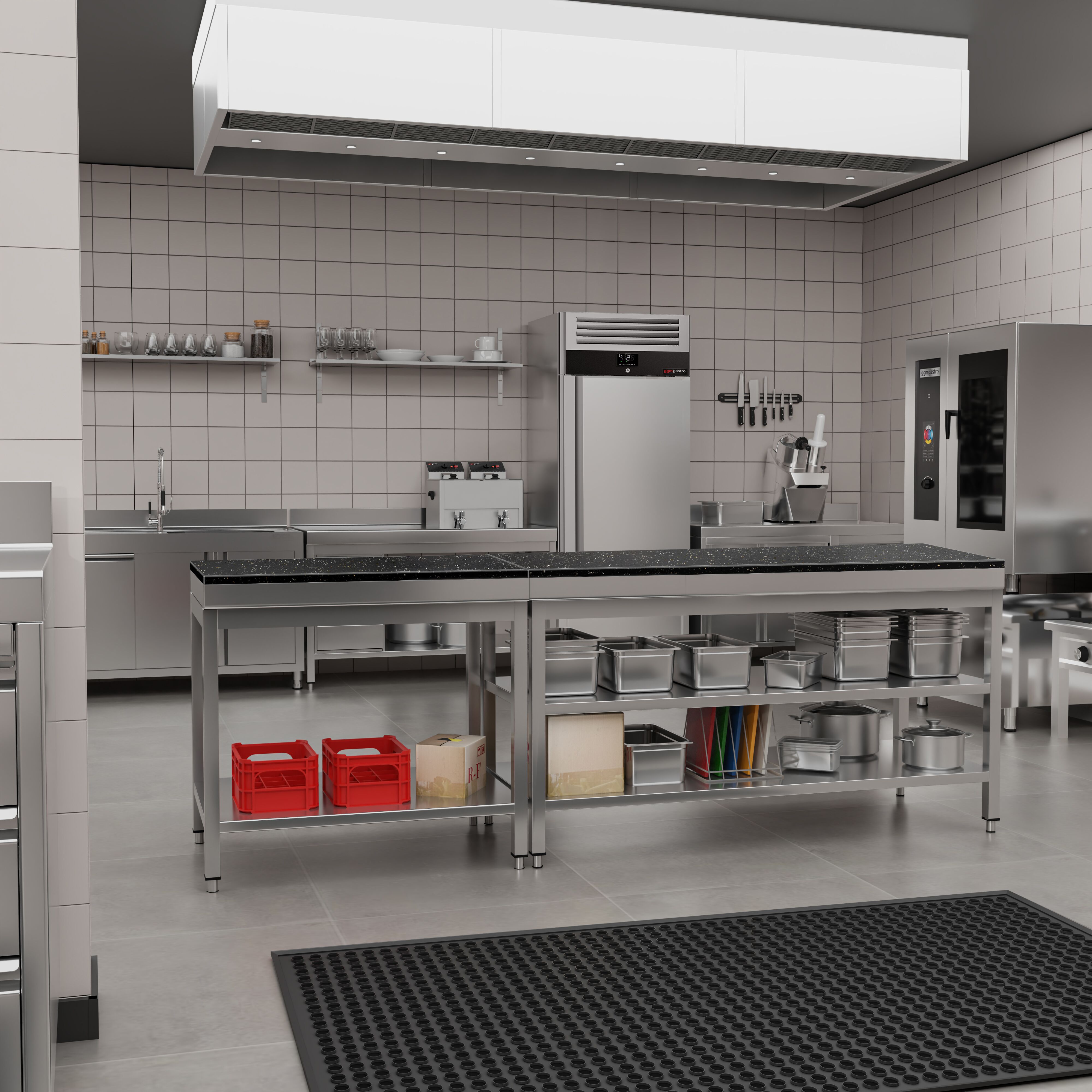 Table de travail inox PREMIUM - 2000 x 600 mm - avec tablette inférieure - incl. Plan de travail en Granit