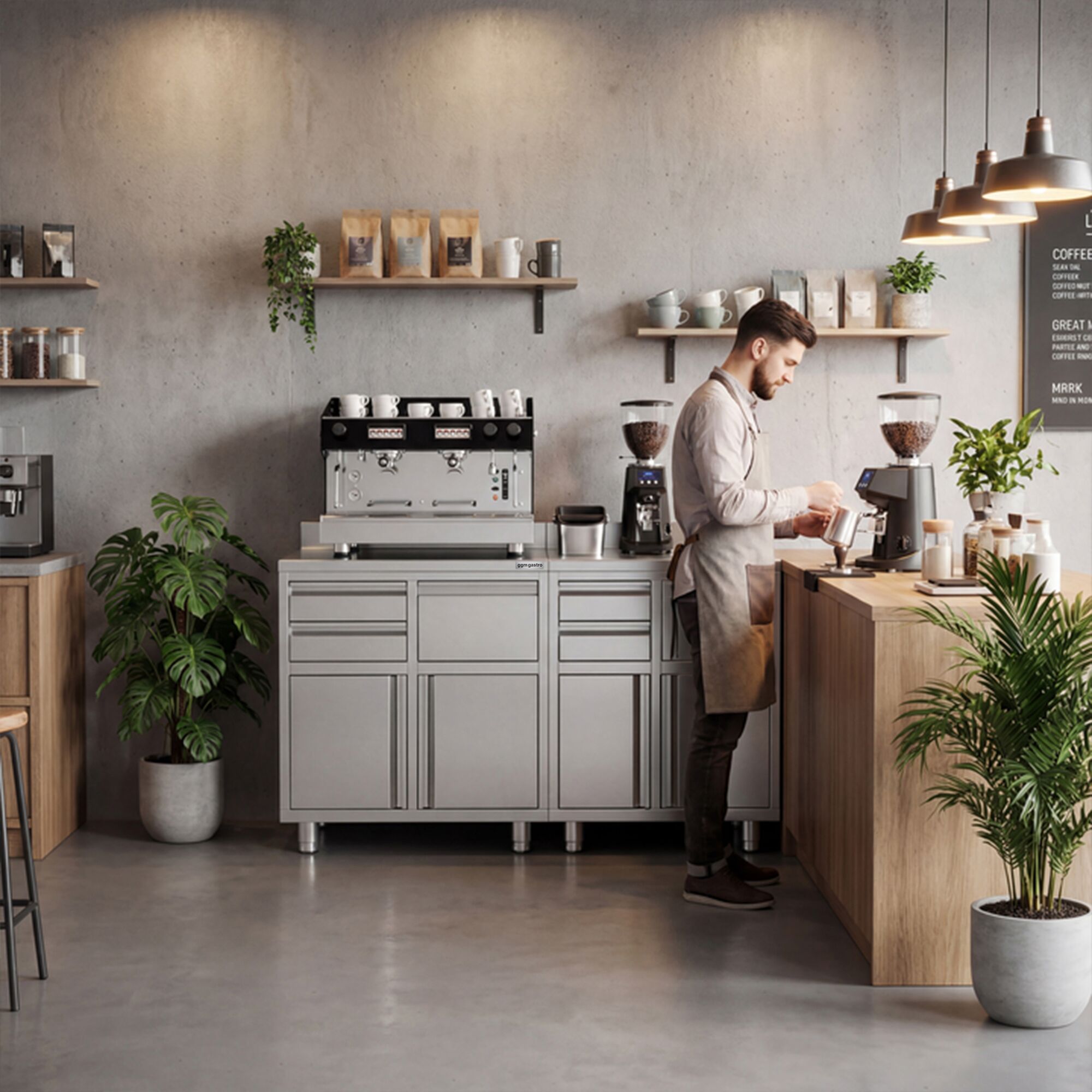 Armoire de travail PREMIUM pour machine à café filtre - 1000x600mm - avec dosseret - 2 tiroirs, 1 porte battante, 1 tiroir à marc de café