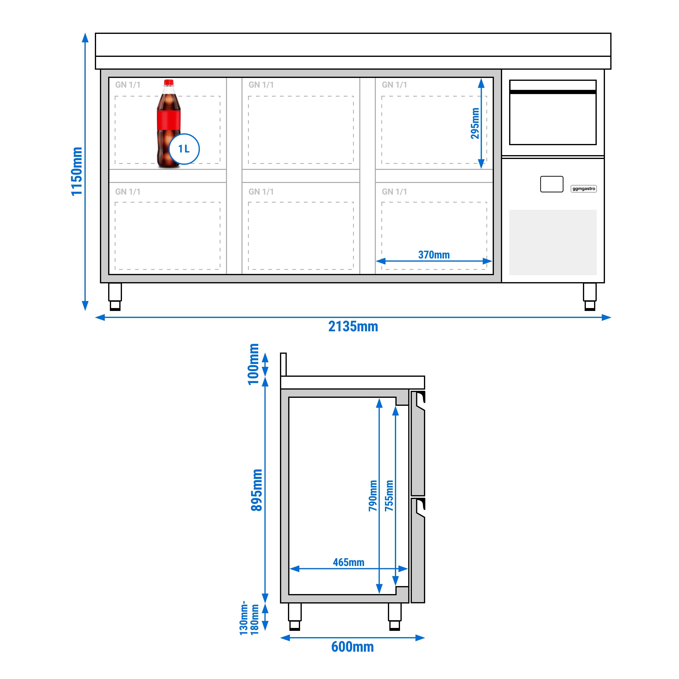 Barkylbänk PREMIUM - 2135x600 mm - 570 liter - 6 lådor GN 1/2, stänkkant & utklopp för kaffe