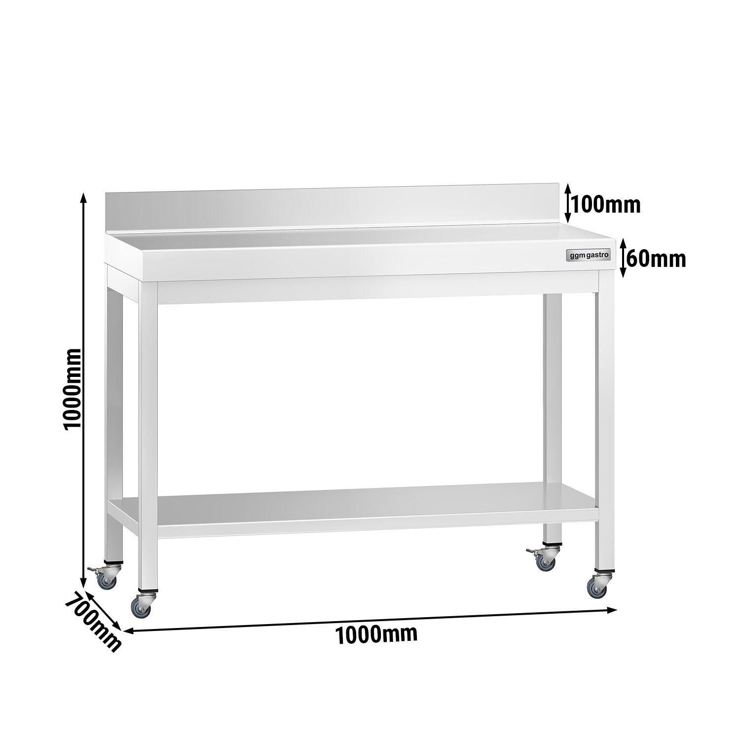Table de travail en inox PREMIUM - 1000 x 700 mm - avec tablette inférieure, dosseret et roulettes
