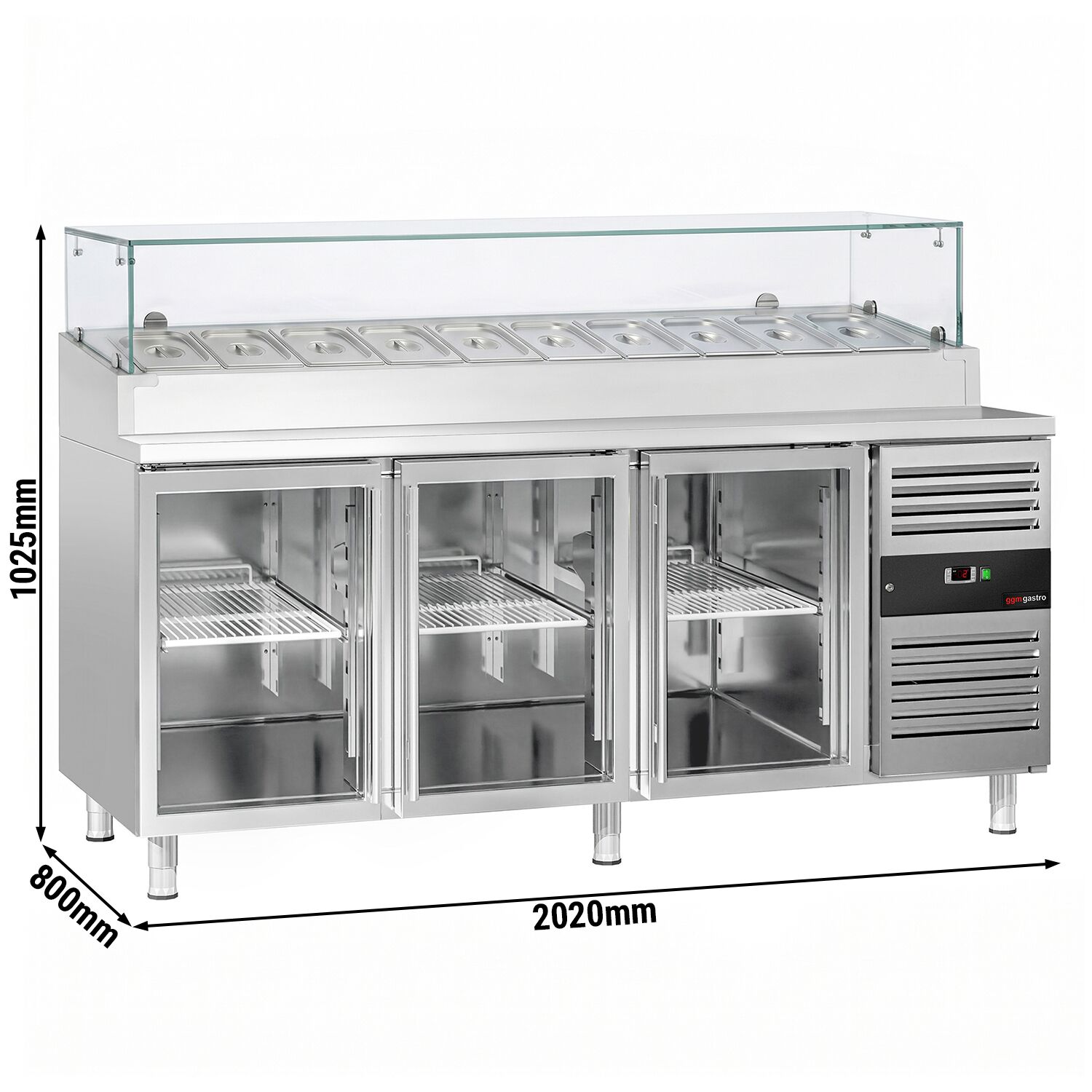 Zubereitungstisch PREMIUM - 2020mm - 3 Glastüren - mit Glasaufsatz - für 10x GN 1/3