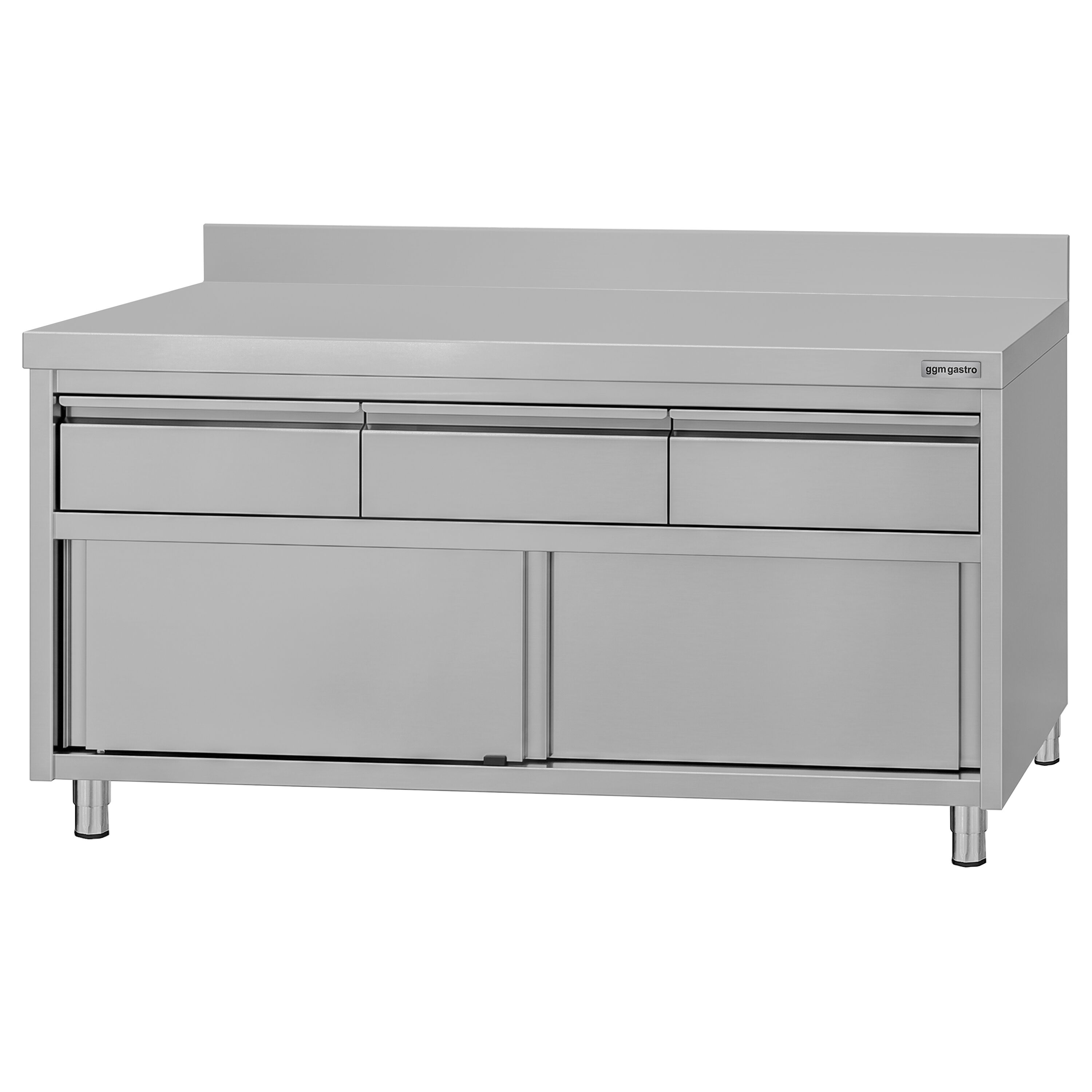Armoire de travail en acier inoxydable ECO - 1600 x 600 mm - avec rebord - avec 3 tiroirs et une porte coulissante