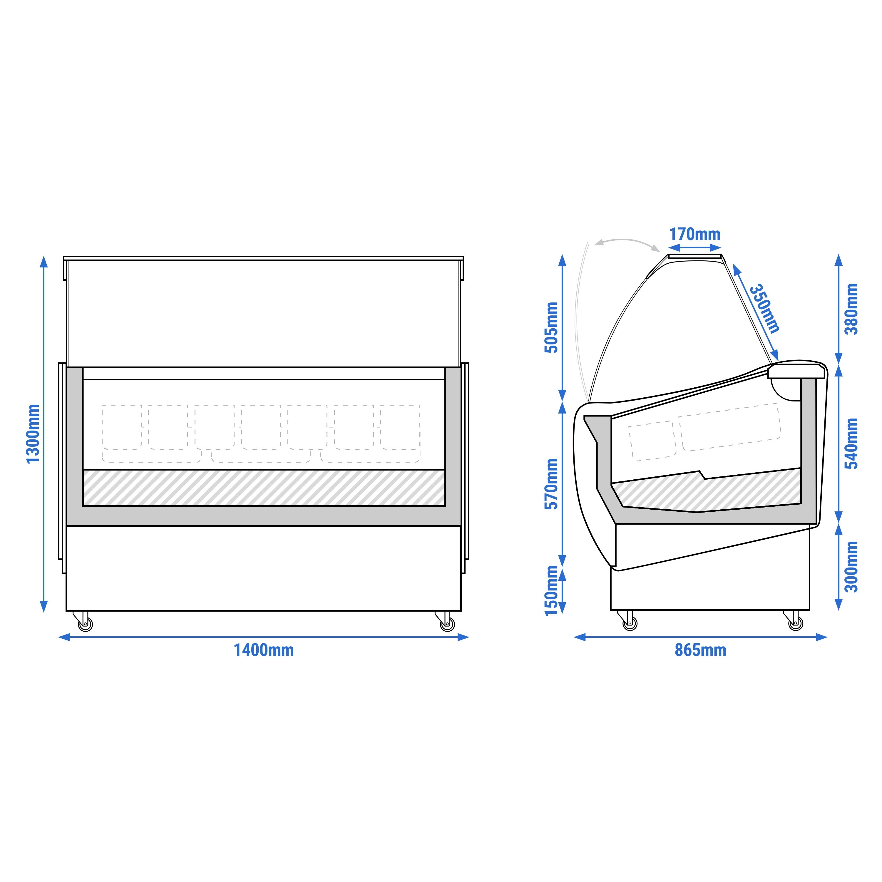 Vitrine à glace LUCA – 1400 mm – refroidissement ventilé – avec éclairage – pour 10 bacs à glace de 5 litres