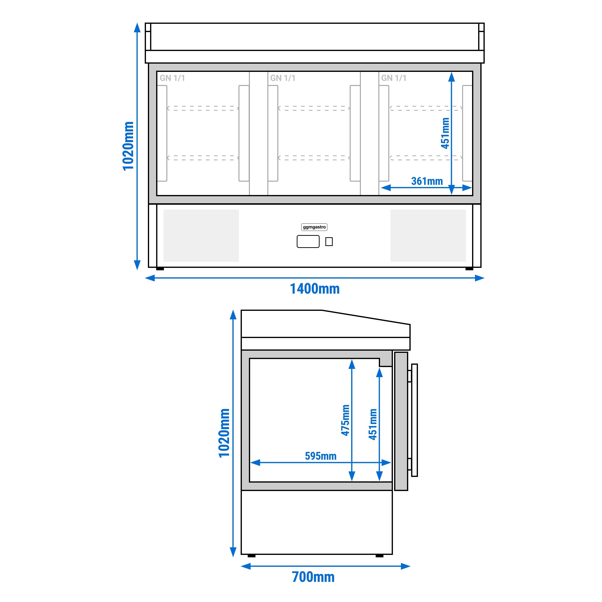 Banco pizza refrigerato ECO - 1400x700mm - con 3 porte in vetro - piano in granito